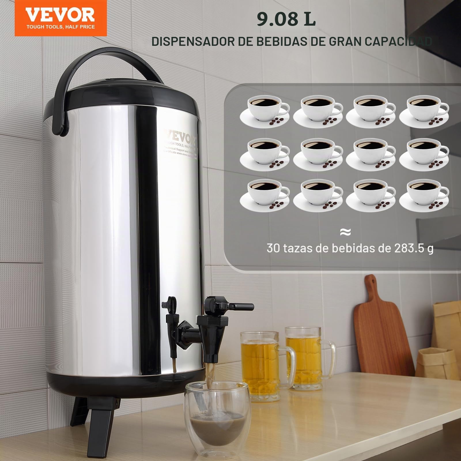 VEVOR Dispensador de Bebidas Aislado Dispensador de Agua Fría y Caliente No Eléctrico 9,2 L Almacenamiento de Alimentos de Acero Inoxidable Contenedor Aislado 4-6 H con Grifo Portátil para Camping