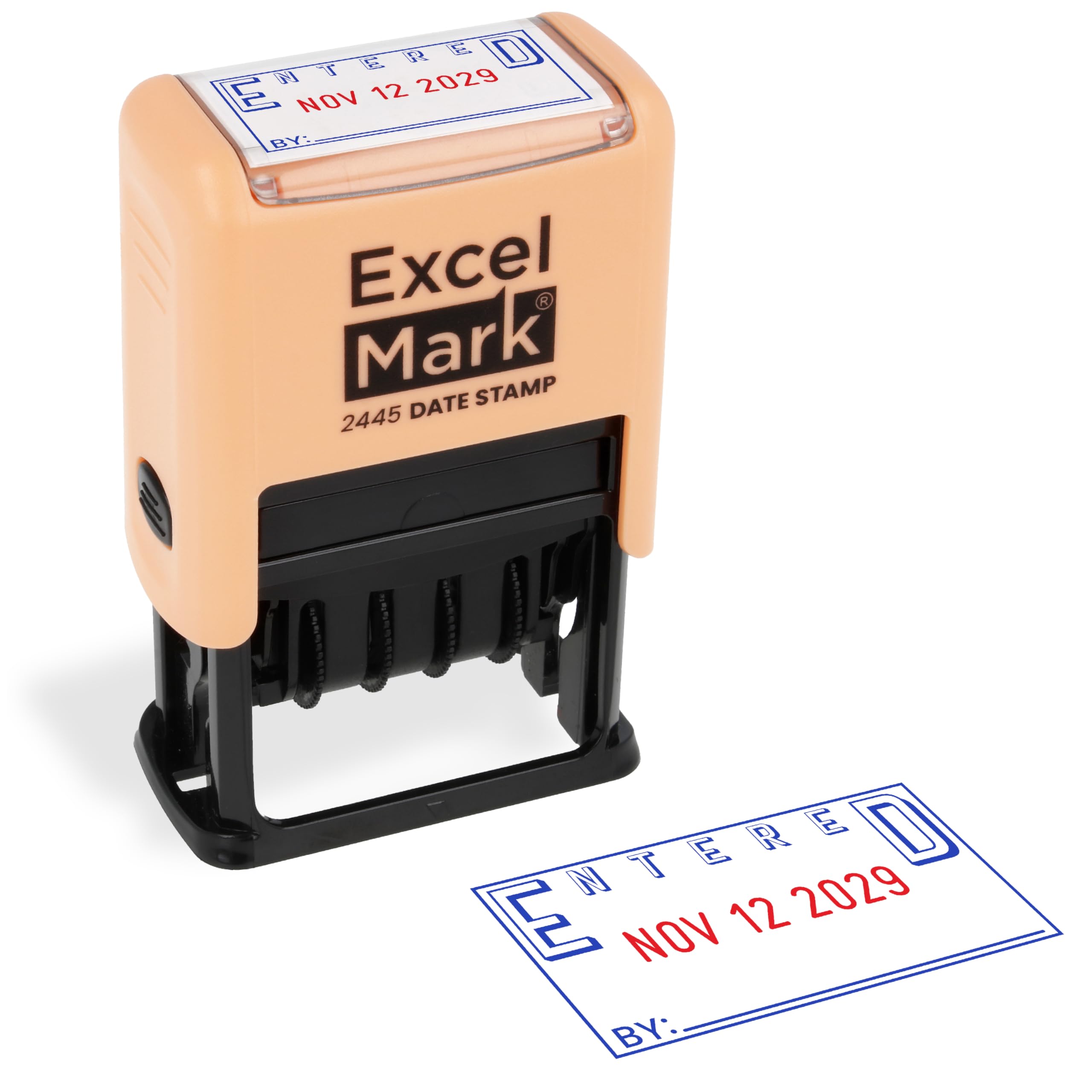 ExcelMark 2445 Date Stamp with Text - Blue and Red Ink (Peach Mount, Entered)