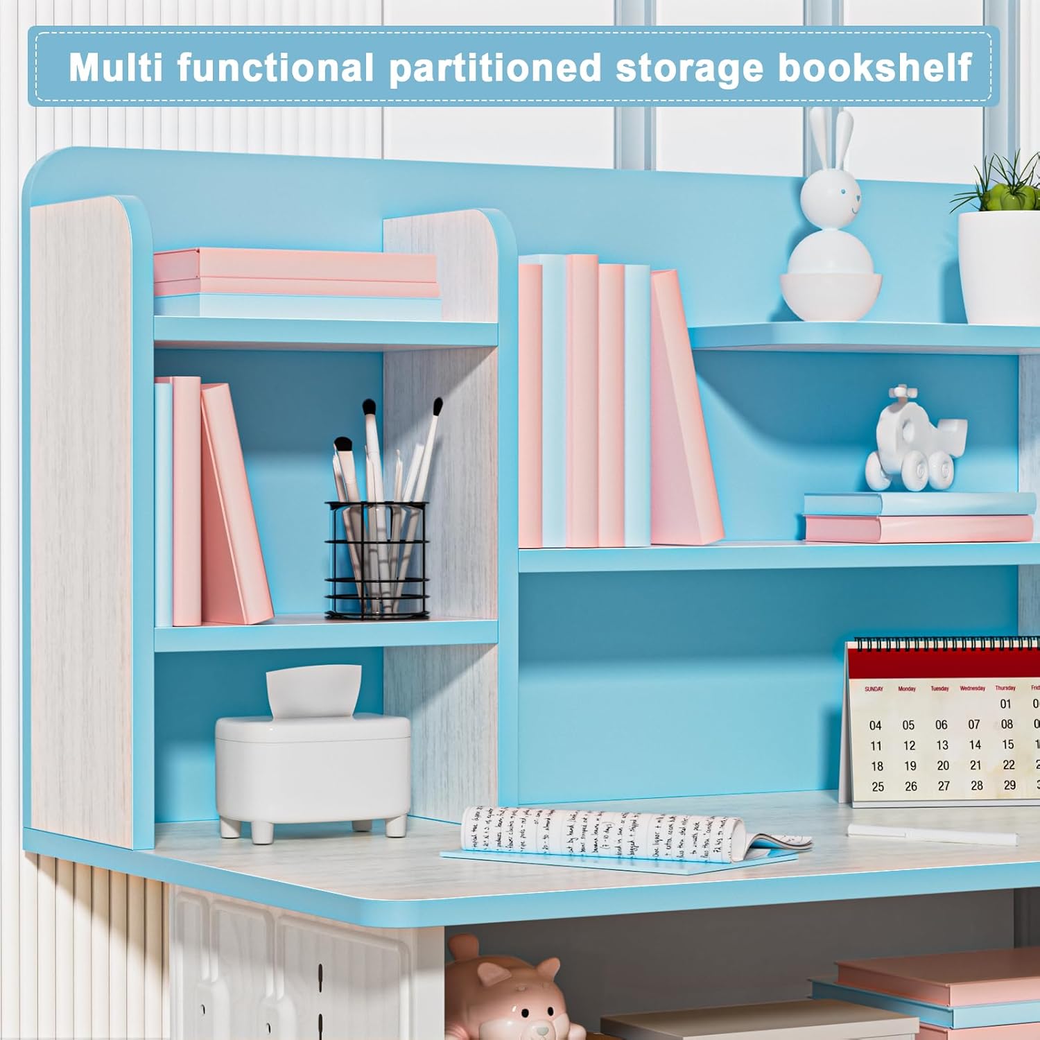 Kids Desk and Chair Set, Adjustable Children's Desk with Drawer Design/Six Partition Book Stand/Backpack Hook/Cup Holder (Blue)