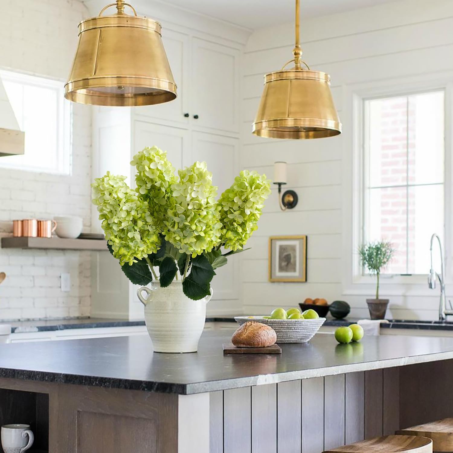 Green Hydrangea Artificial Silk Flowers,2Pcs 31.5" Large Lifelike Panicled Faux Hydrangea Flowers for Decoration,Long Stems Fake Hydrangeas for Centerpieces Tables Bouquets Gargen Wedding - Image 2