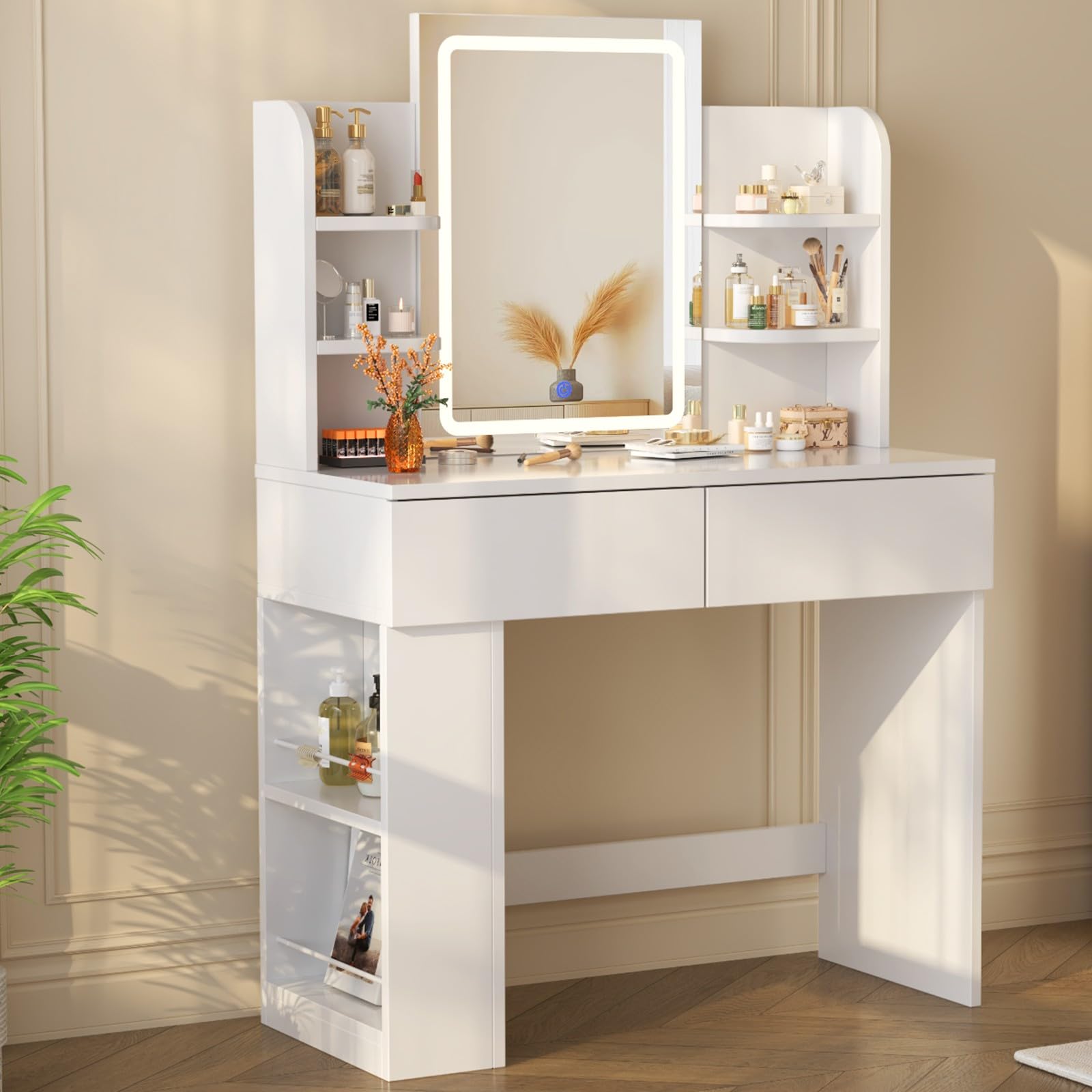 Devoko Tocador con Luces LED con Brillo Ajustable, Mesa de Maquillaje con Espejo, con 2 Cajones Grandes y 4 Estantes Abiertos y Taquilla Lateral, Moderno, 90x40cm, Blanco