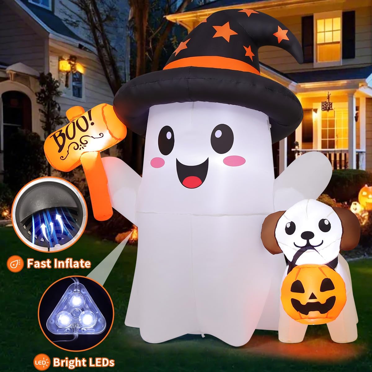 GOOSH 5 FT Halloween Inflatables Ghost Outdoor Decorations Blow Up Cute Ghost and Puppy with Hand-Held Light with Built-in LEDs for Halloween Garden Lawn Party Decor