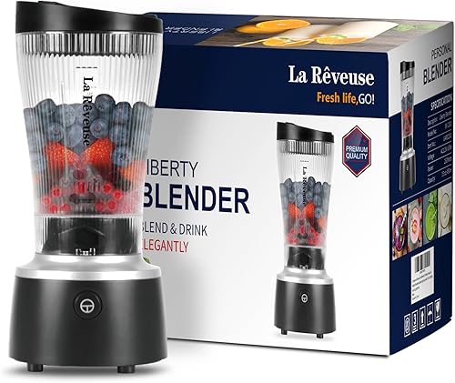 La Reveuse Licuadora de tamaño personal de 250 vatios de potencia para batidos, batidos, condimentos, salsas con taza portátil de 15 onzas, sin BPA