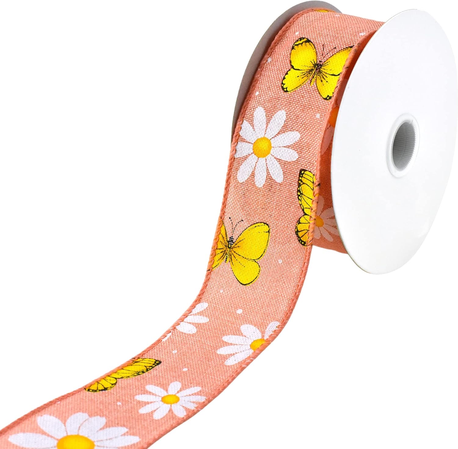 Homeford Daisies and Butterflies Faux Linen Wired Ribbon, 1-1/2-inch, 10-Yard, Coral