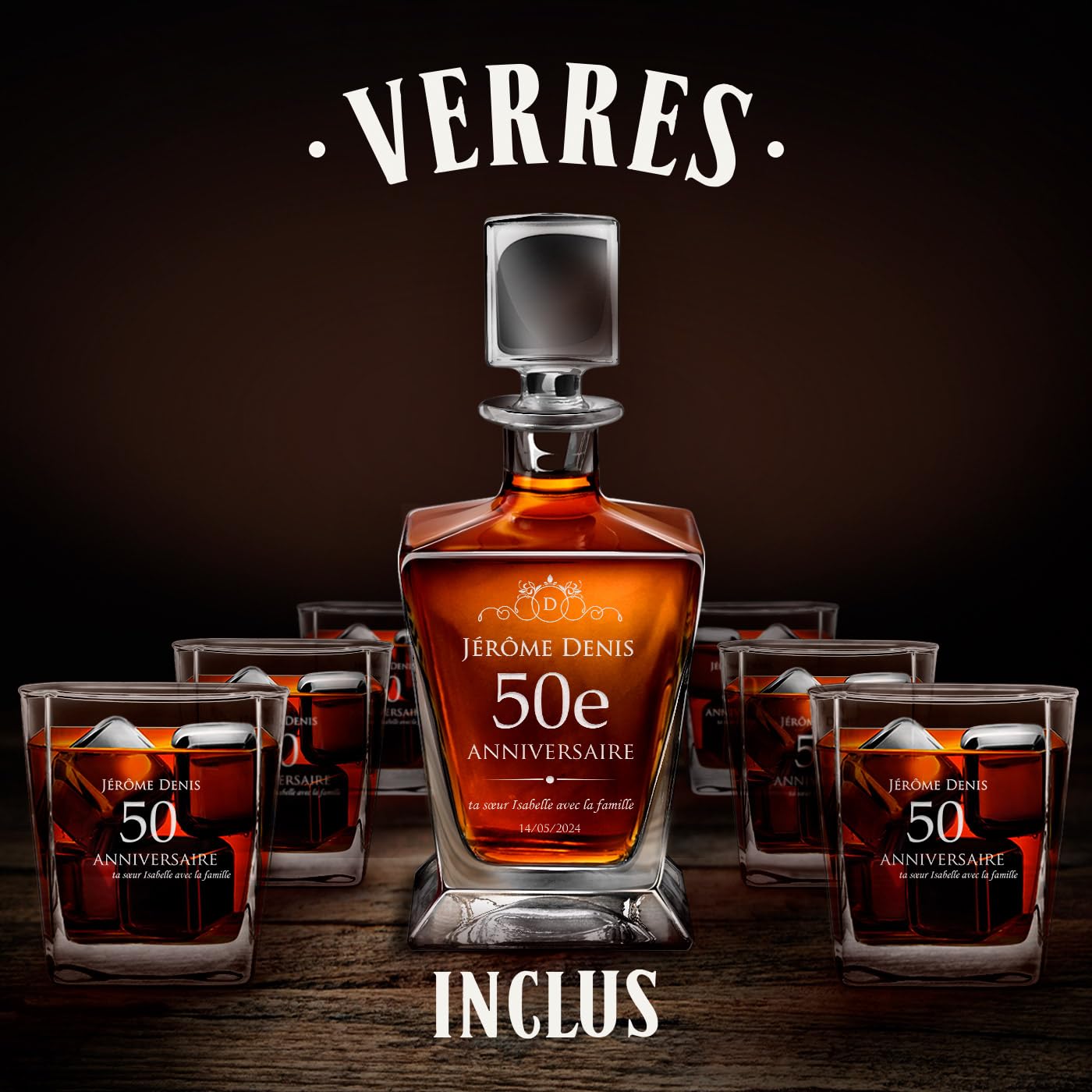 Maverton Carafe et Verres personnalisés - 800ml Bouteille avec 6 Verres à Whisky de 250ml - Accessoires bar pour hommes - Service à Whisky pour papa - pour anniversaire - 50 ans