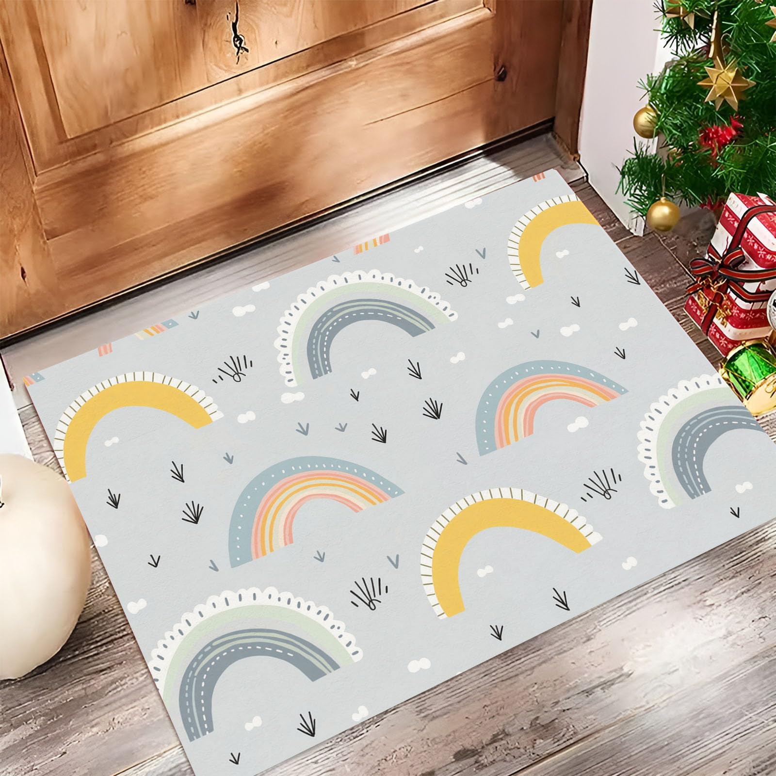 Felpudo Entrada Casa, 80x120cm Alfombra de Puerta Arcoíris Tapetes de Interior Estilo Escandinavo Antideslizante para Decorativo Dormitorios y Zonas Entrada Cuartos, Azul Grisáceo