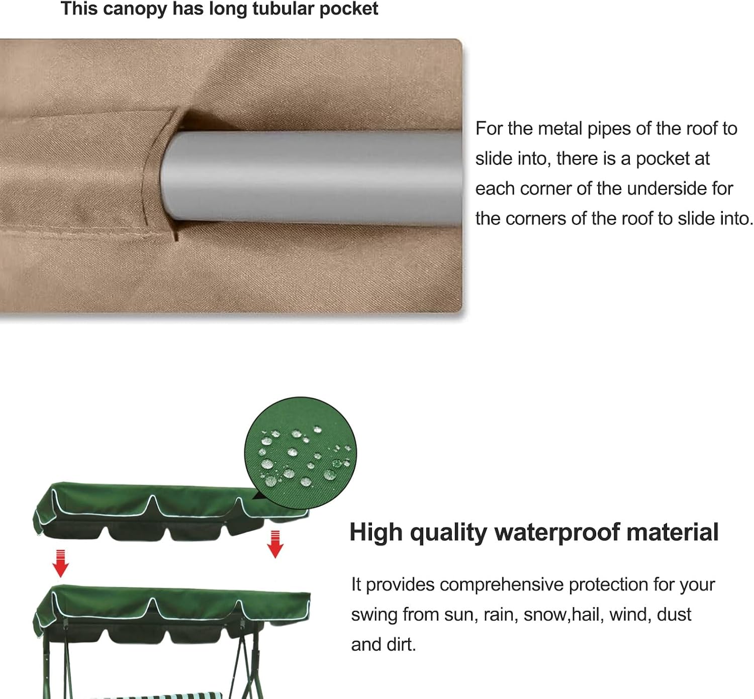 Porch Swing Canopy 2-3 Seat Replacement Waterproof Swing Top Cover Heavy Duty 300D Polyester Fabric Garden Swing Top Roof Cover(Khaki,77x43 in)