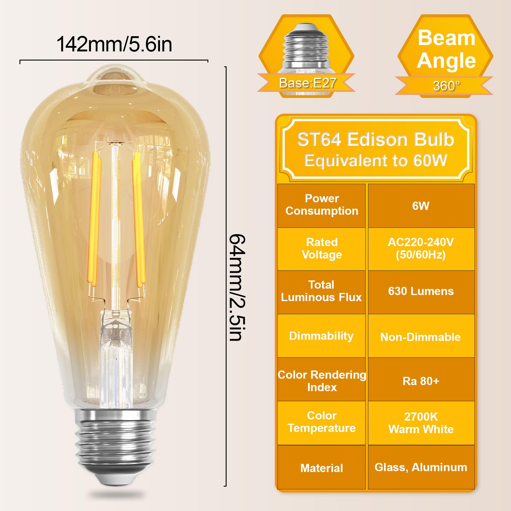 LUTW E27 Vintage Light Bulbs, 6W ST64 Edison Screw Bulb 60W Equivalent, 630LM 2700K E27 LED Bulb Warm White - Image 2