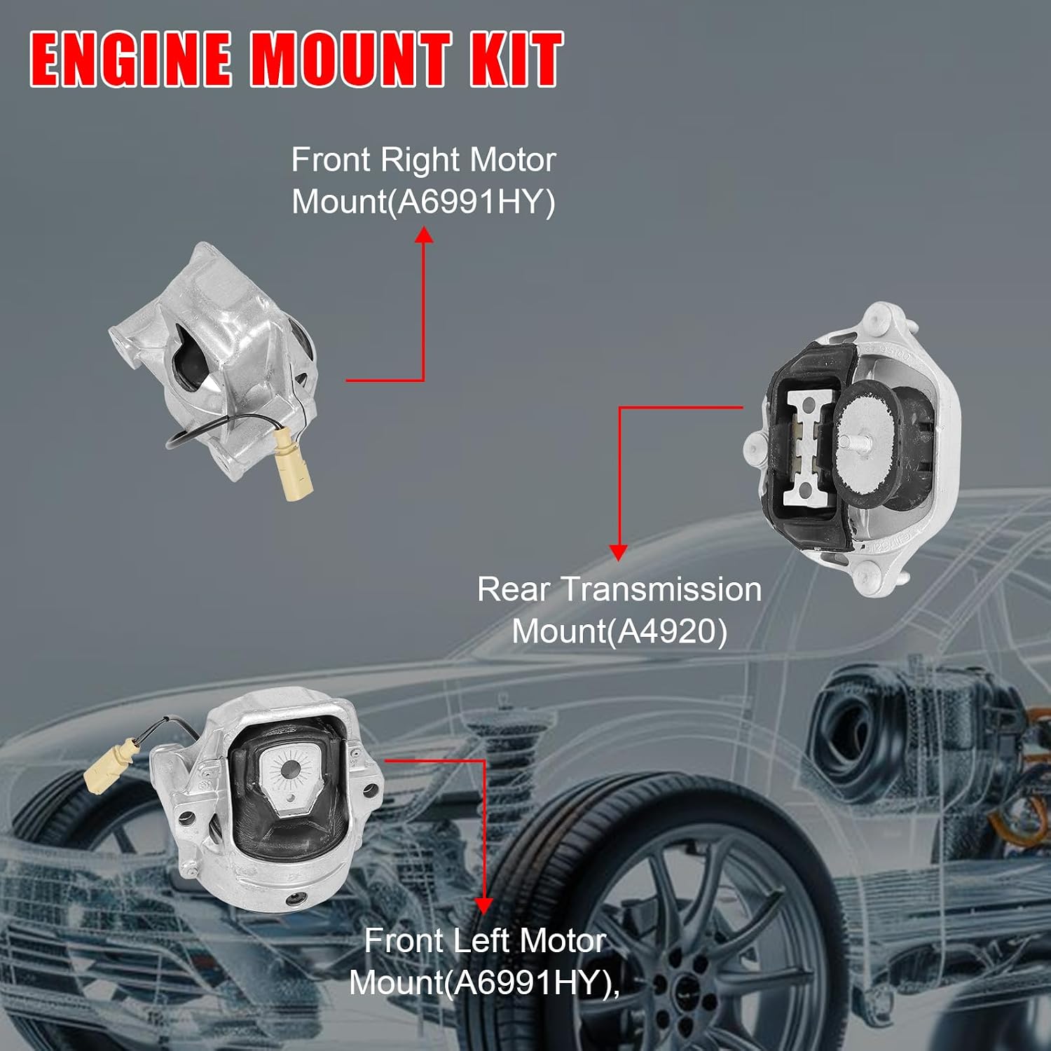 3Pcs Engine Motor Mounts Set Compatible with Audi A4 2009-2012, A4 Quattro 2009-2016, A5 2010-2012, A5 Quattro 2008-2009/2013-2017, 2.0L 3.2L, Replace# A6991HY A6991HY A4920