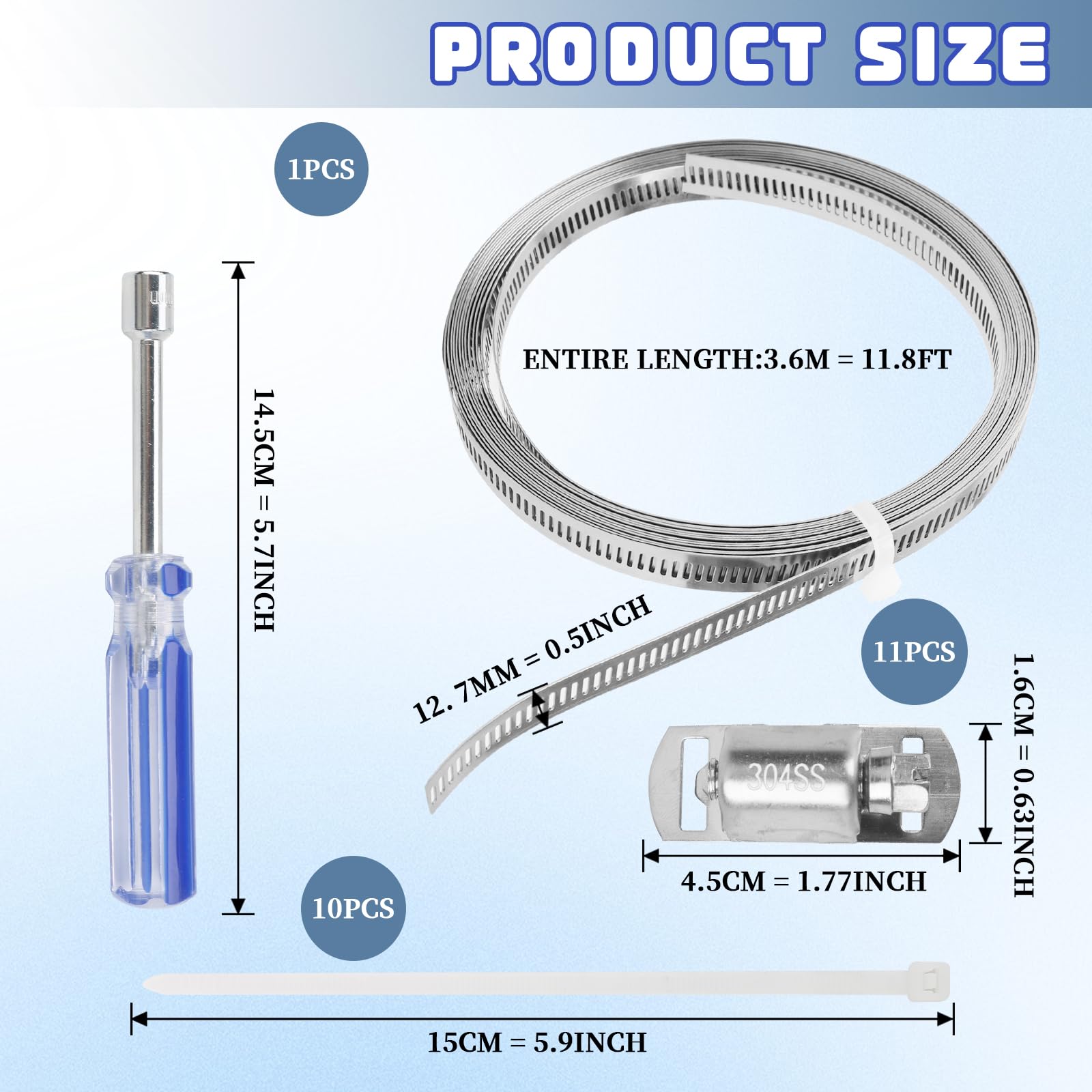 Hose Clamp 3.6 Meters, Stainless Steel Jubilee Clips with 11 Fasteners, with 8mm Blue Screwdriv, Adjustable Hose Pipe Clips - Image 2