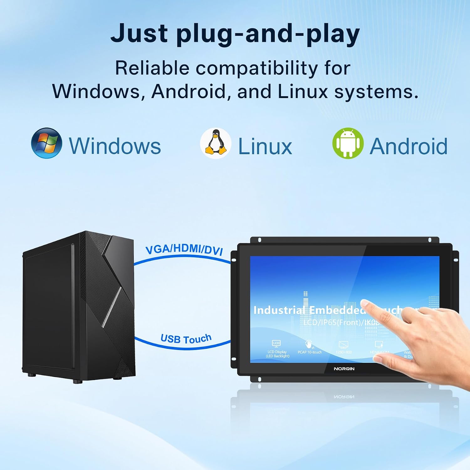 21.5 Inch Industrial Touchscreen Monitor, Open Frame 1920×1080 IP65, IPS, LCD Display with 10-Point Capacitive Touch, HDMI VGA DVI USB, VESA Mount Rugged Screen for POS, Kiosk, HMI, Automation