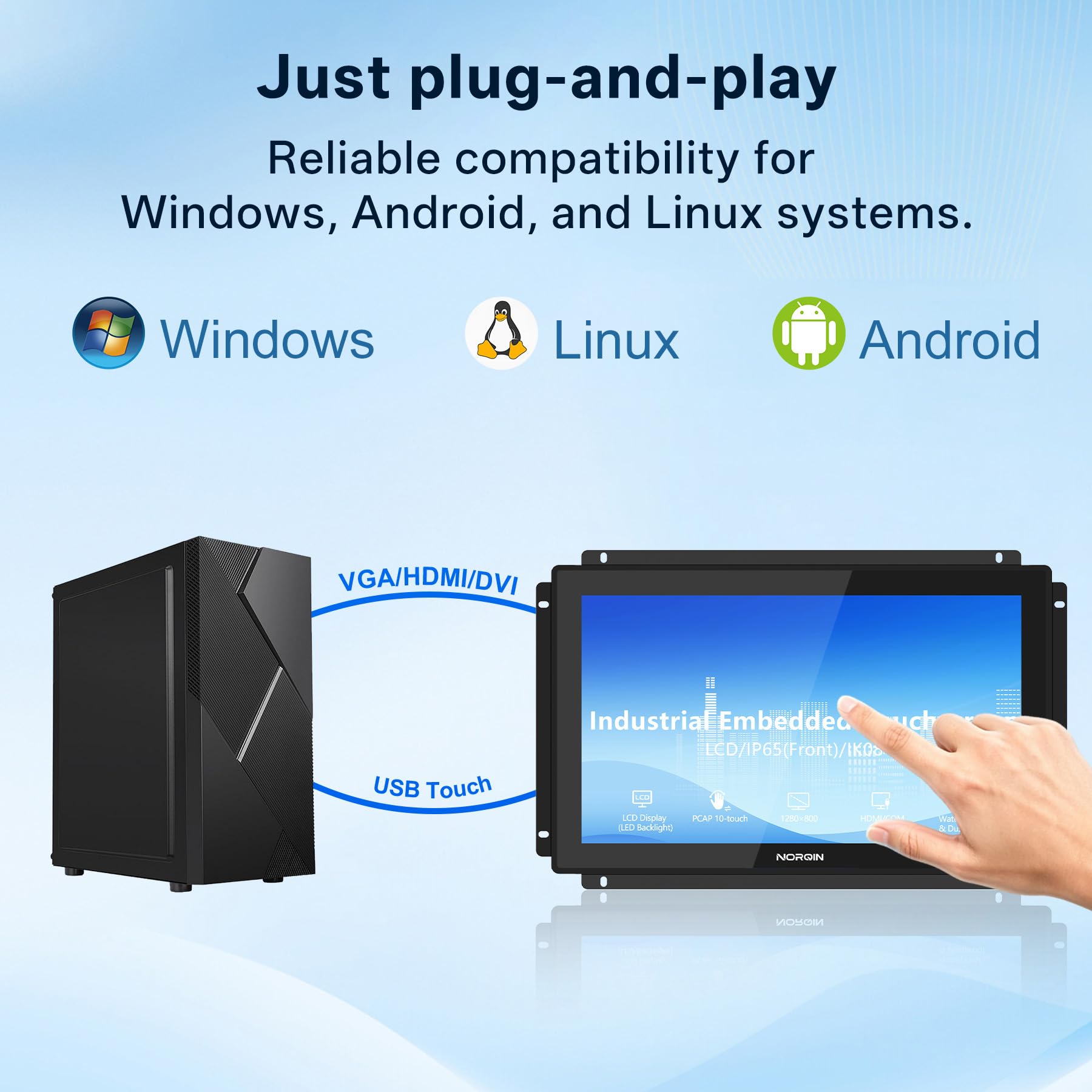18,5" Monitor Touch Screen Industriale Incorporato IP65-1920×1080,Cornice Aperta,Touch Capacitivo a 10 Puntate,Display LCD,VESA,Porte HDMI/VGA/DVI/USB,per Automazione,Chiosco,CNC e HMI