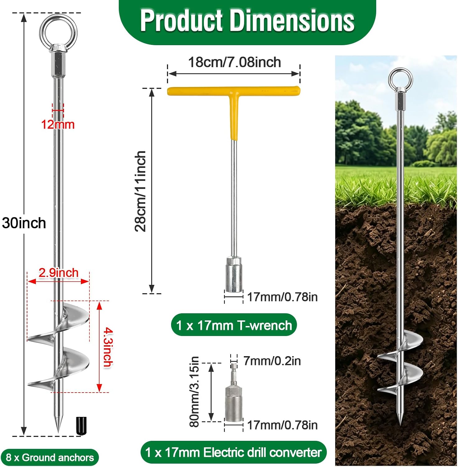 Ground Anchors Heavy Duty for High Wind Tie Down, 8 Pack 30" Shed Anchors Fully Welded Solid Steel, Chrome-Plated Screw-in Earth Auger Anchors for Swingset Carport Trampoline Canopy Gazebo