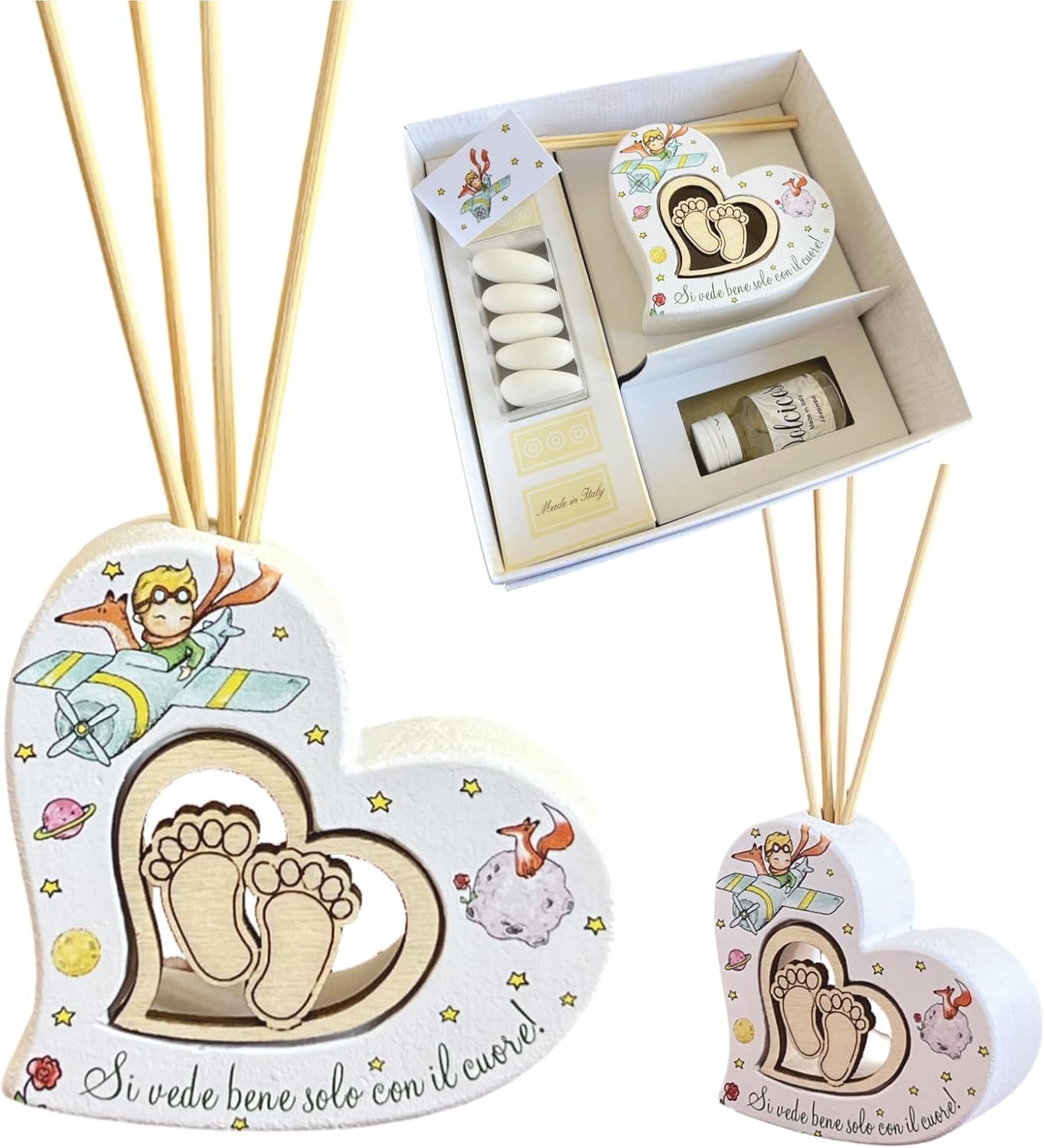 Rebalami.Shop Set 4 Bomboniere diffusore Piccolo Principe cm 8x8 a Forma di Cuore in Marmoresina Completo di Scatola, Essenza, Nastro e bigliettino a Tema (4, Cuore)