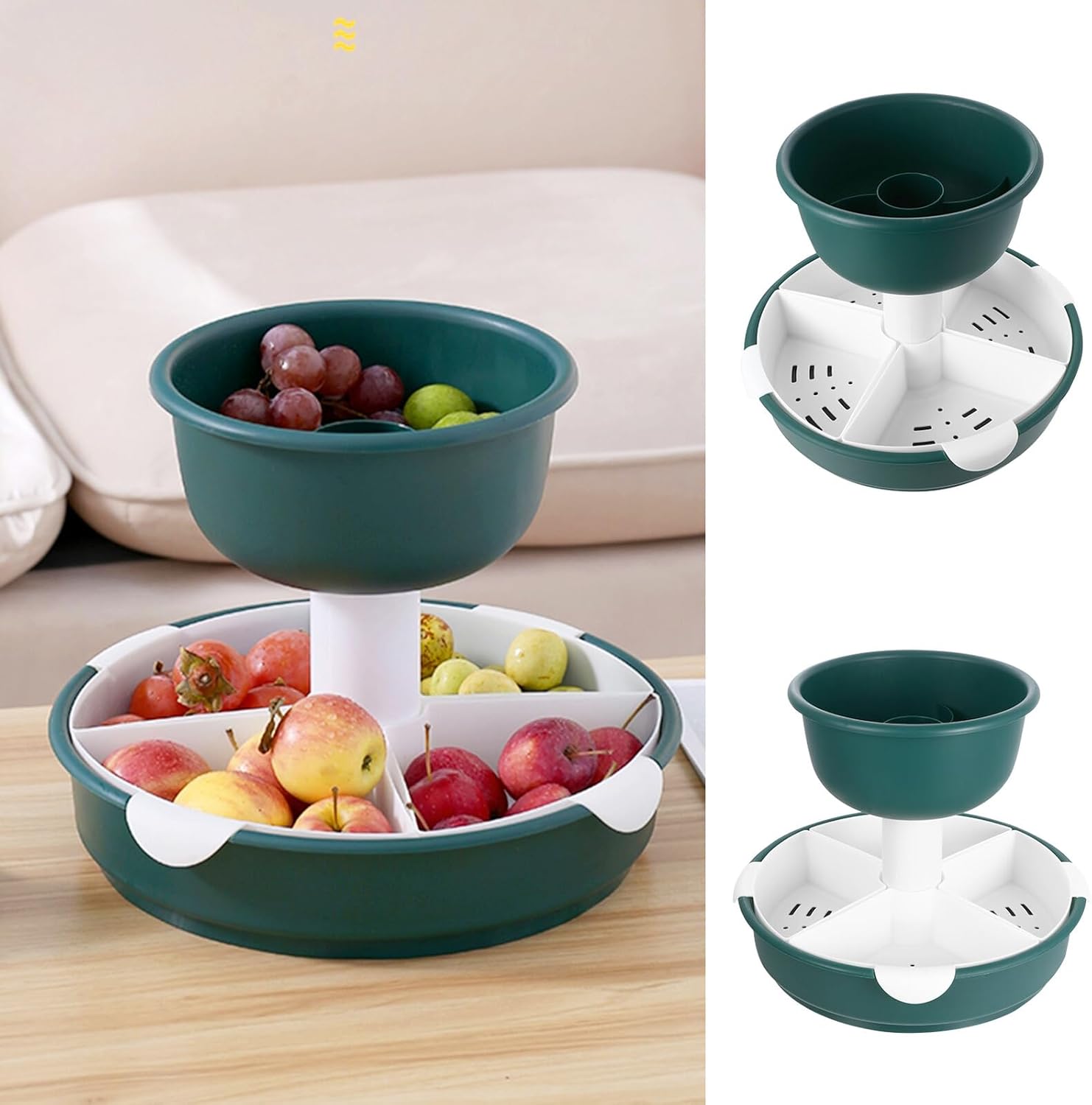 Zerodeko Double-layer Fruit Vegetable Washing Basket Thick Draining Basket with Multi-compartment Design for Hot Pot Food Holder Kitchen Storage Tray in Mint Green Easy Clean and Quick Dry
