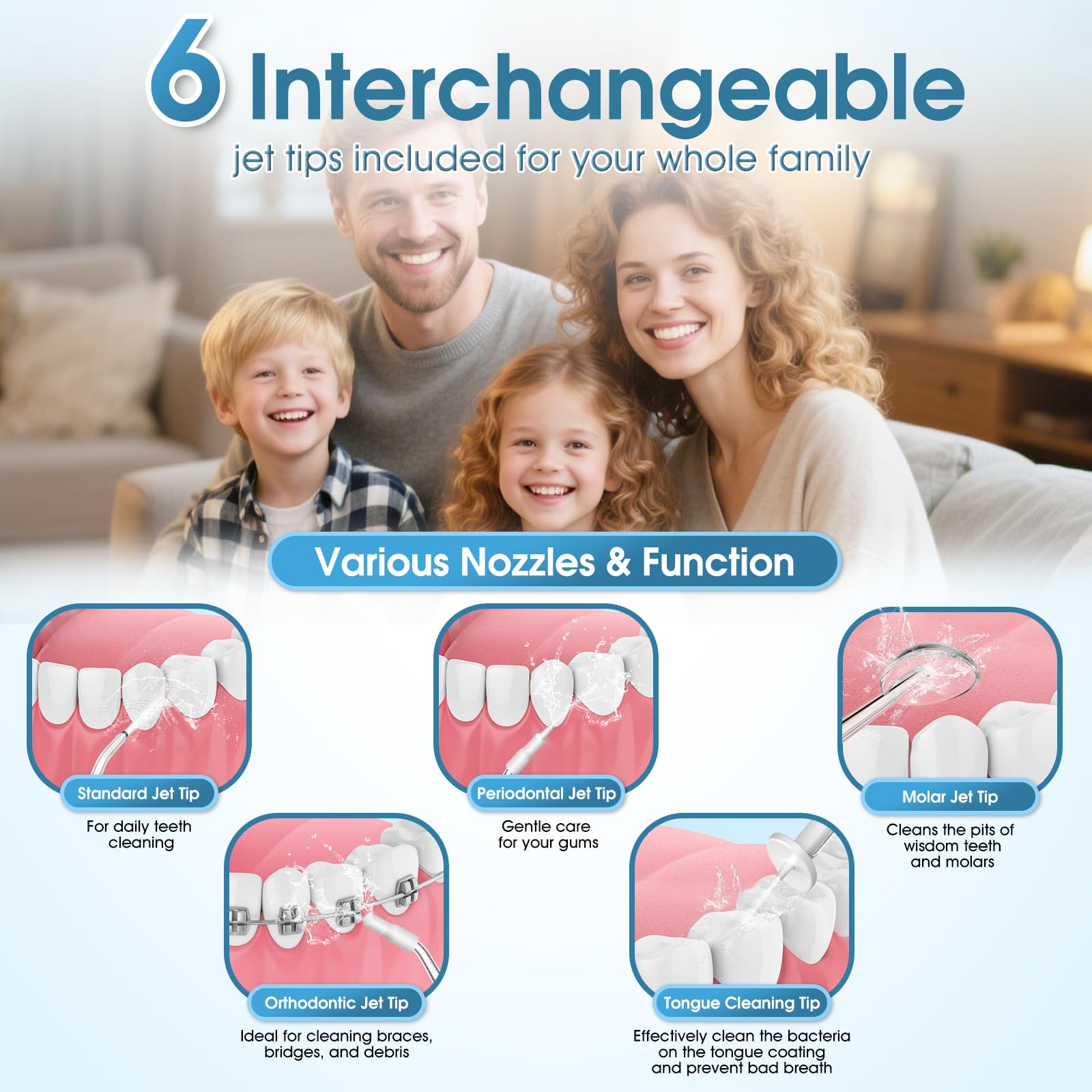 Irrigador bucal recargable de 300 ml, IPX7, impermeable, inalámbrico, portátil, con 4 modos y 6 puntas de chorro reemplazables, limpiador profesional de hilo dental para uso diario en el hogar, viajes