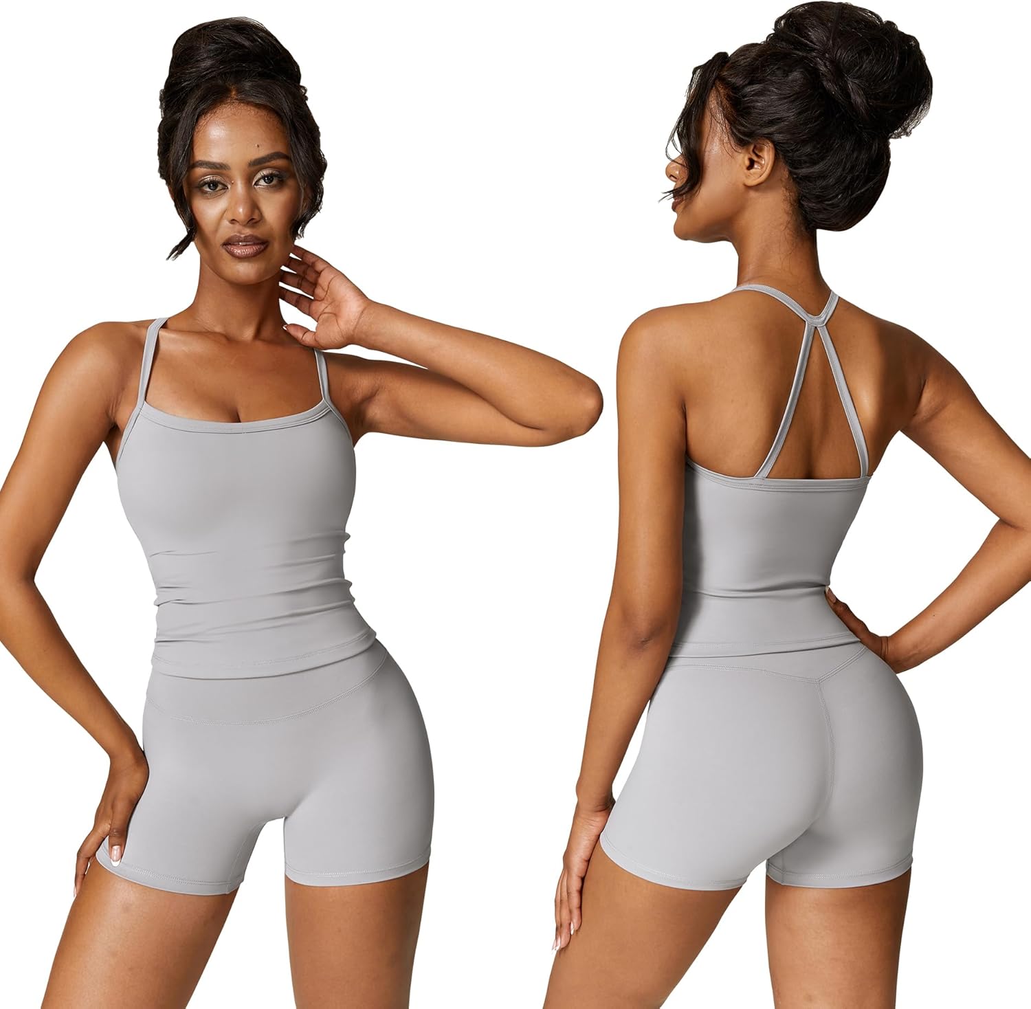 Women 2 Piece Workout Sets (2025 NEW) Yoga Outfit Open Back Tank Top High Waisted Shorts Gym Sets Tracksuits