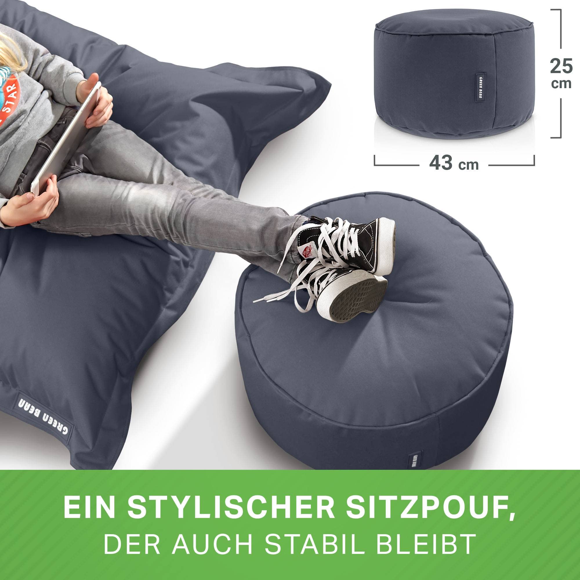 Green Bean© Pouf-Tabouret 25x45cm avec Remplissage de Perles EPS - Coussin pour Pieds Pouf Chaise - Coussin Sol pour Enfants & Adultes - Repose-Pieds Coussin Siège Gris Acier
