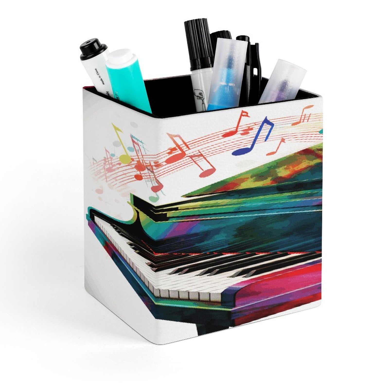 LZQPOEAS Colorful Piano Keyboard Music Square Pen Pencil Holder PU Leather Pencil Cup Desktop Stationery Organizer Office Accessories Container
