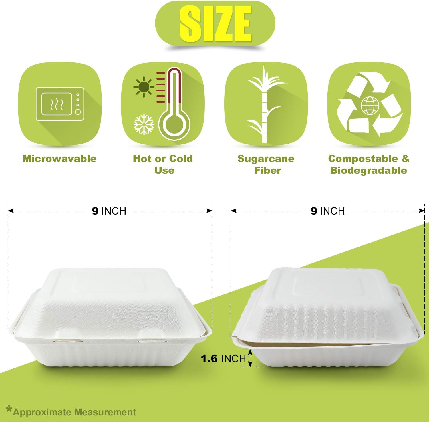 Green Earth 9-Inch, 200-Count, 1-Compartment, Compostable Clamshell, Natural Bagasse (Sugarcane Fiber), Take-Out/to-Go Food Boxes - Biodegradable Containers, Hinged Lid Microwave-Safe Gluten-Free