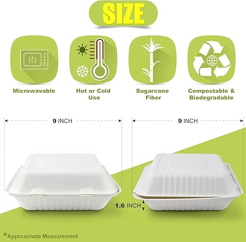 Miniatura 6 de Green Earth - Cajas para comida (9.0in, 100 unidades, 1 compartimento, concha compostable, Bagasse natural (fibra de caña de azúcar), cajas de