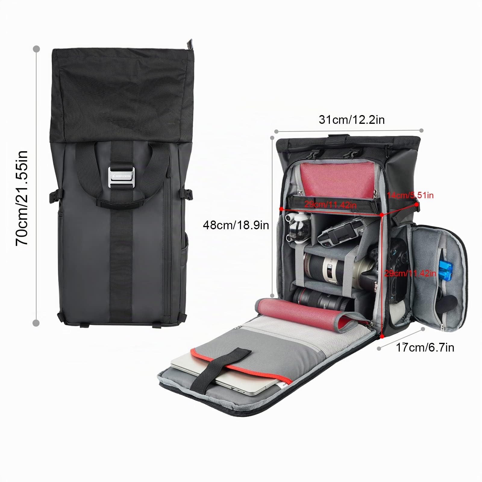 Besnfoto Mochila impermeable para cámara réflex digital, sin espejo, con compartimento para ordenador portátil, Negro -, L, Mochila enrollable para cámara fotográfica