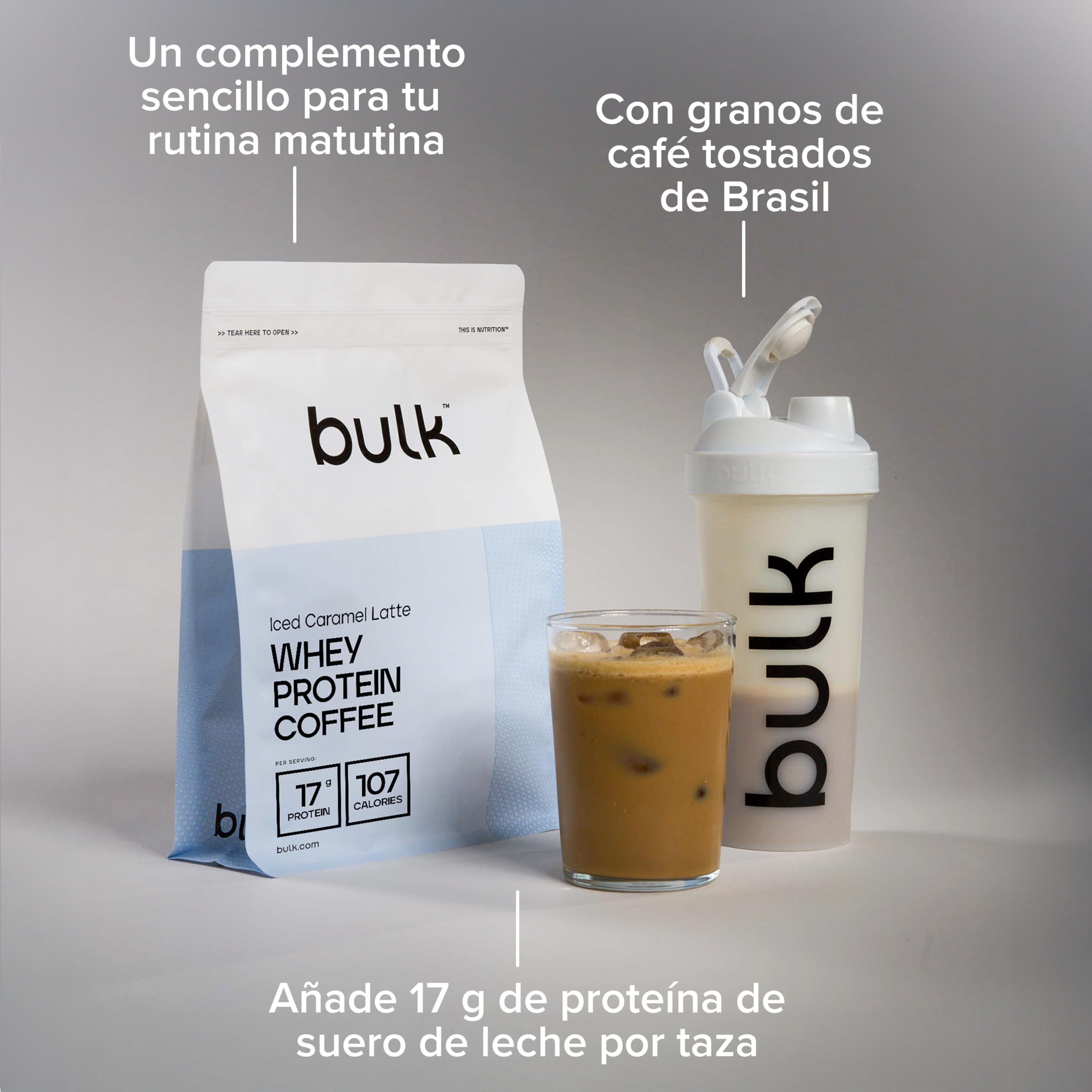 Proteína de Suero de Leche con Café Bulk, Sabor Caramel Latte, 1 kg, 32 Dosis, 17g de Proteína por Dosis, Café Real, Batido Alto en Proteínas para Soporte Muscular