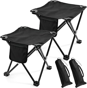 2 Pack Camping Stool with Carry Bag, 13 Inch Folding Lightweight Outdoor Chairs, Portable Stool Seat with Side Pocket for Outdoor Hiking, Fishing, Picnic & Beach