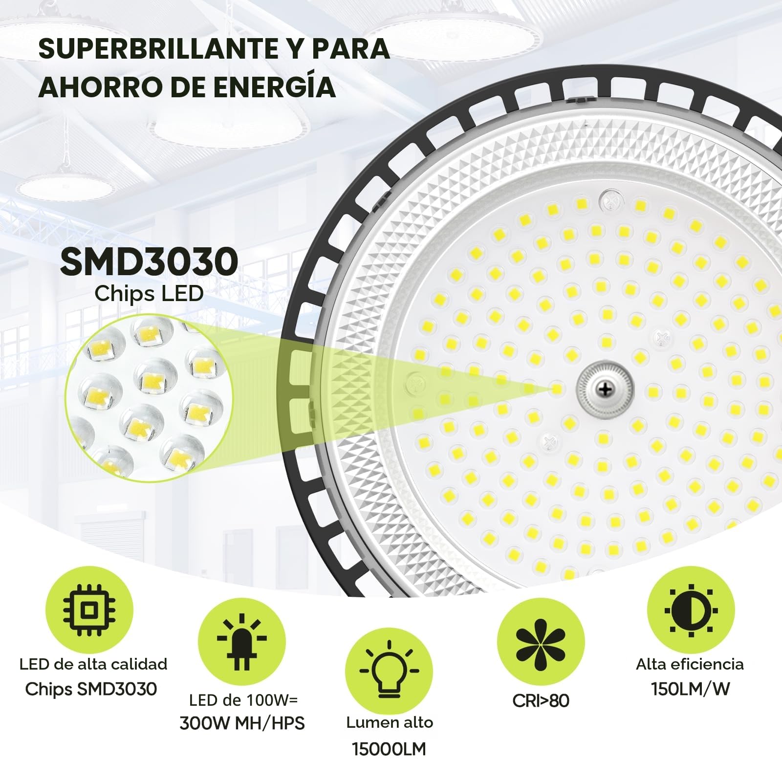 4 Pack 100W UFO LED Lámpara de Alta Bahía, 15000LM Focos Led Interior Techo, 6000K Blanco Frío Iluminación de Almacén, IP65 Impermeable Lampara Industrial Para Patio, Garaje, Fábrica, Taller