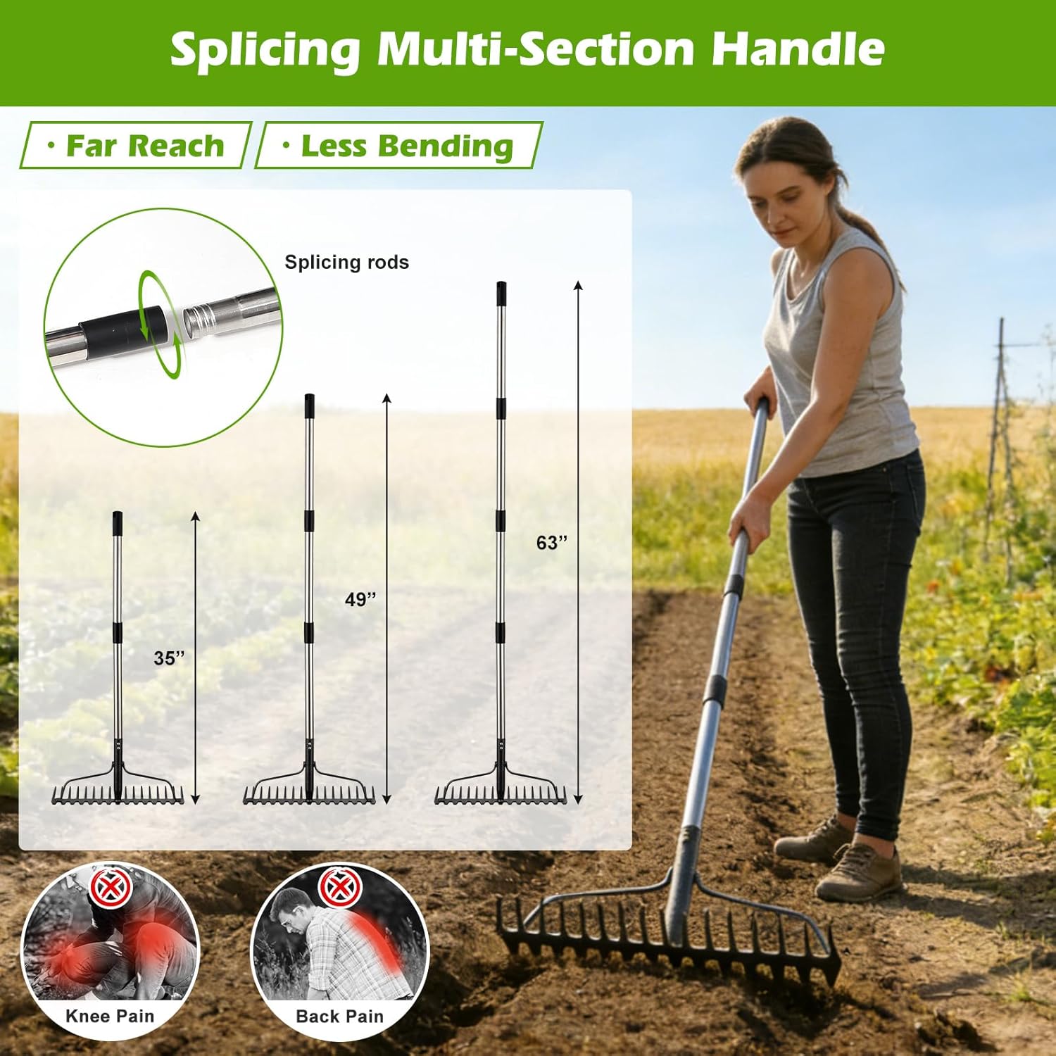 63" Bow Rake,Heavy Duty Metal Garden Rake for Moving Gravel Loosening Soil Leveling Ground Gathering Leaf Debris Spreading Mulch, 17 Tines,Adjustable Handle, for Lawn Garden Farm Landscape Work