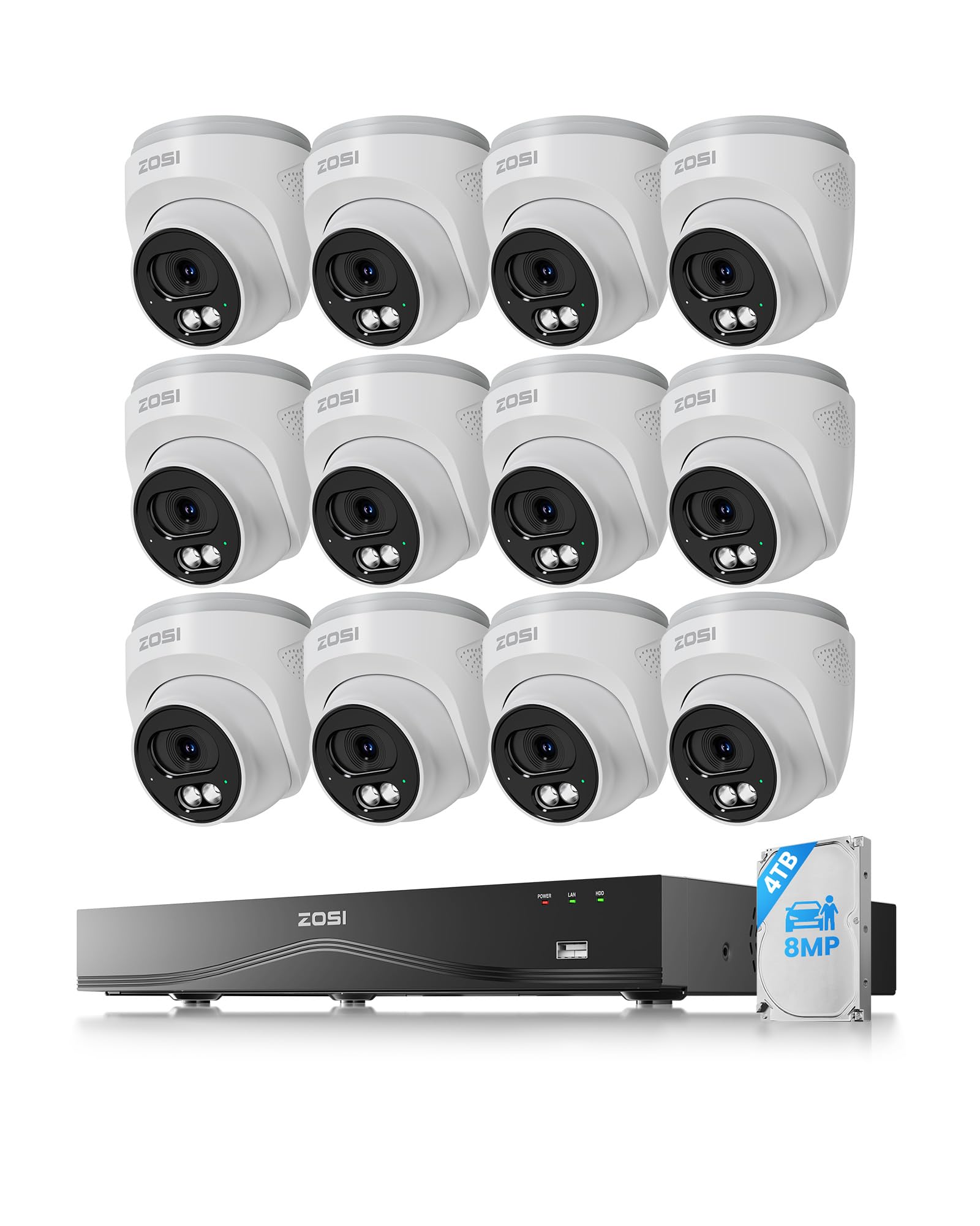 ZOSI 4K 8MP Kit Telecamera di Sorveglianza Esterna PoE, 12x 8MP Telecamere, NVR 16CH Espandibile a 32CH, Rilevamento Persone/Veicoli, Audio Bidirezionale, Visione Notturna da 30m, Impermeabile IP66