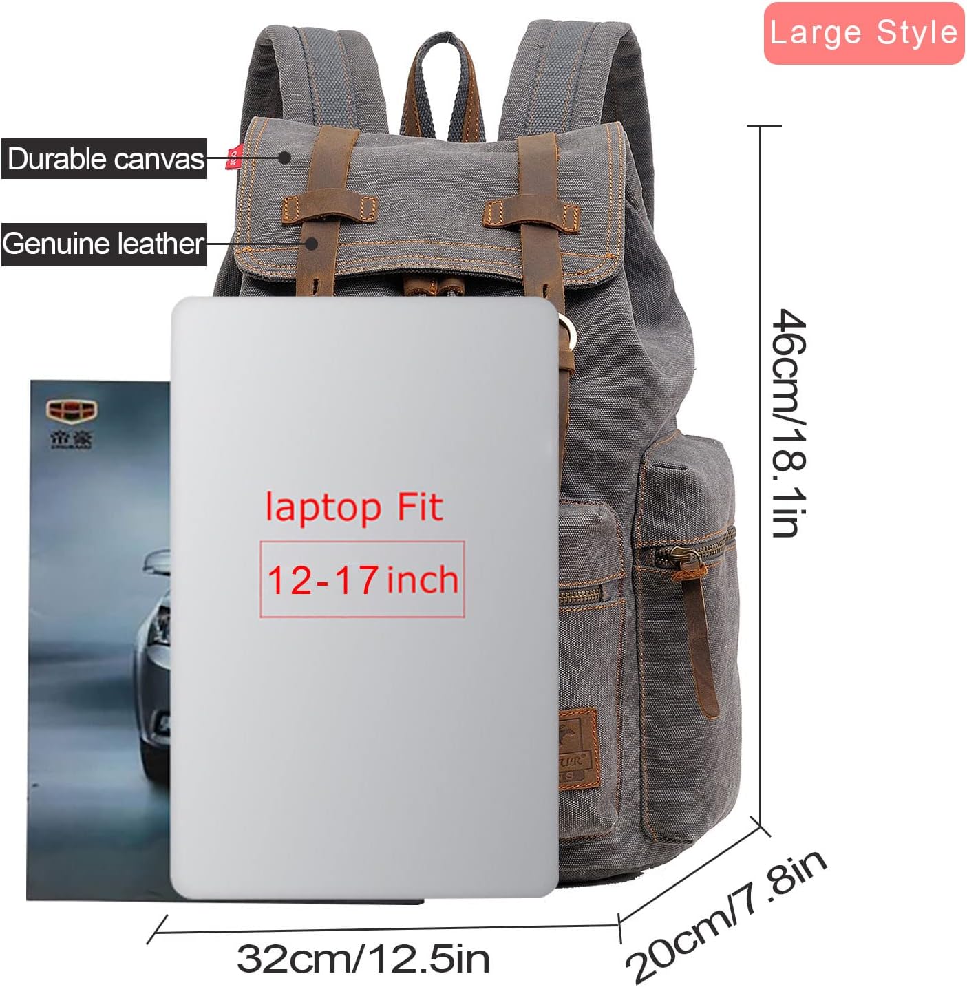 AUGUR High Capacity Canvas Vintage Backpack - for School College Hiking Travel 12-17" Laptop - Image 3