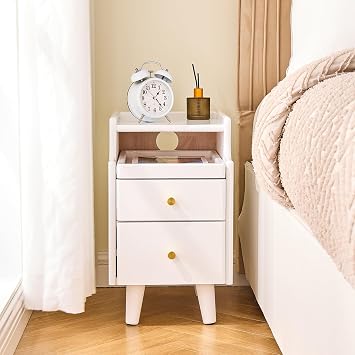 Narrow White Wooden Nightstand with Drawer - 11.8" Small Solid Wood Bedside Table, Modern End Table with Storage Open Shelf & Cable Hole for Bedroom Living Room, 15.7" D x 11.8" W x 19.7" H