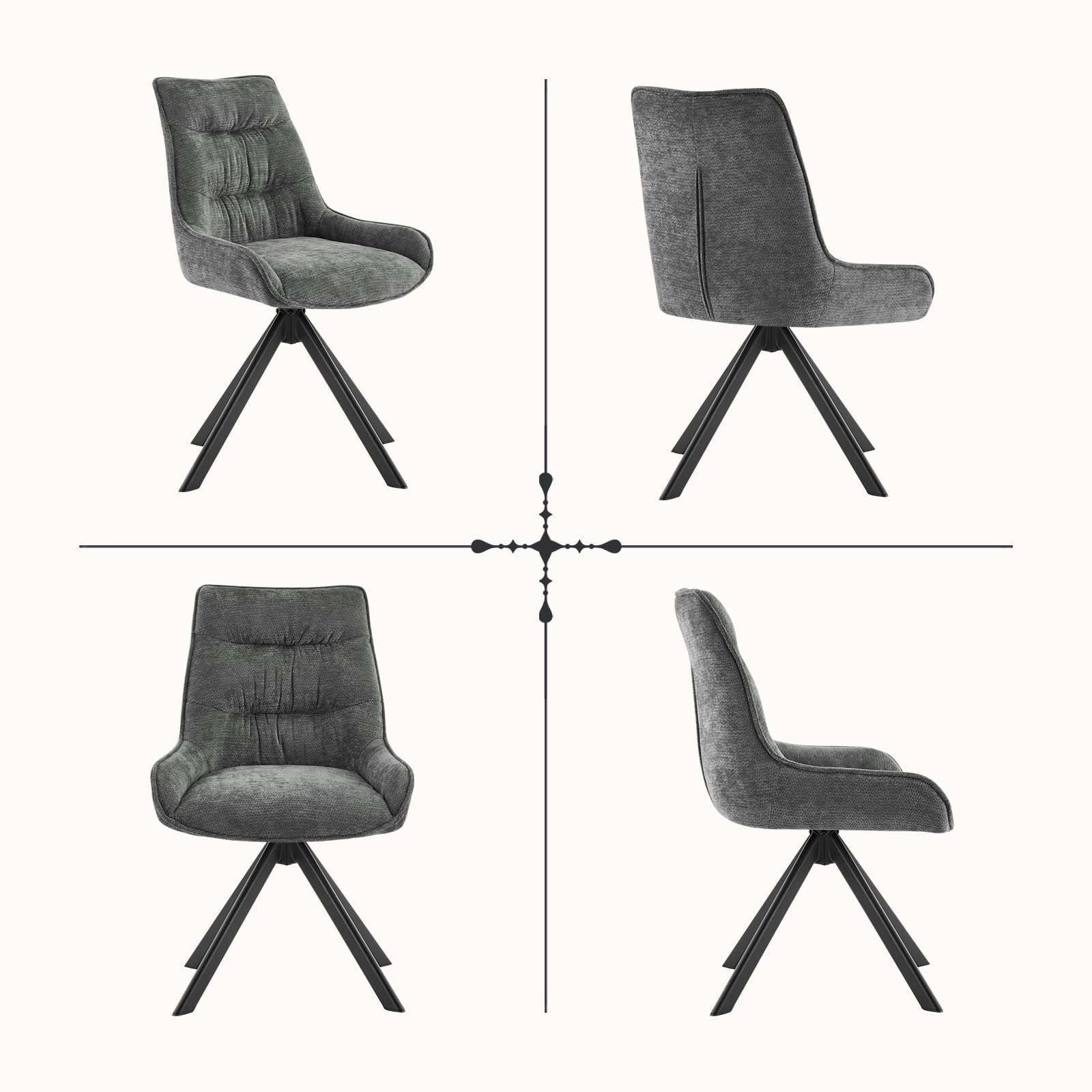 Drehstuhl Esszimmer, 4er Set 360° Drehbar Esszimmerstuhl, Küchenstuhl, Polsterstuhl aus Chenille, Schminkstuhl mit Hoher Rückenlehne und Metallbeine für Esszimmer Küche Büro, Dunkelgrau