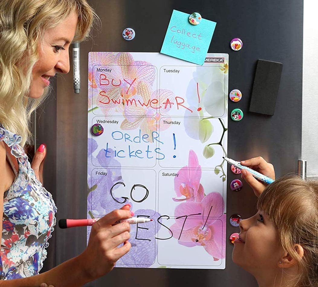 Magnetic Weekly Planner - Kitchen Gift Set - Magnet Dry Erase Fridge Daily Board - Happy Orchid Whiteboard Calendar by SMEREKA(TM)