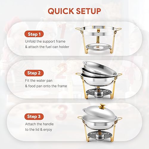 Miniatura 7 de WILPREP Recipientes Calentadores para Bufé, Paquete de 4 Juego de Recipientes Calentadores Redondos de 5 Cuartos de Galón con Marcos Plegables y 5