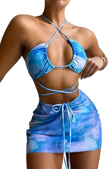 Romwe Women's 3 Pack Tie Dye Criss Cross Halter Cheeky Bikini Swimsuit with Beach Skirt