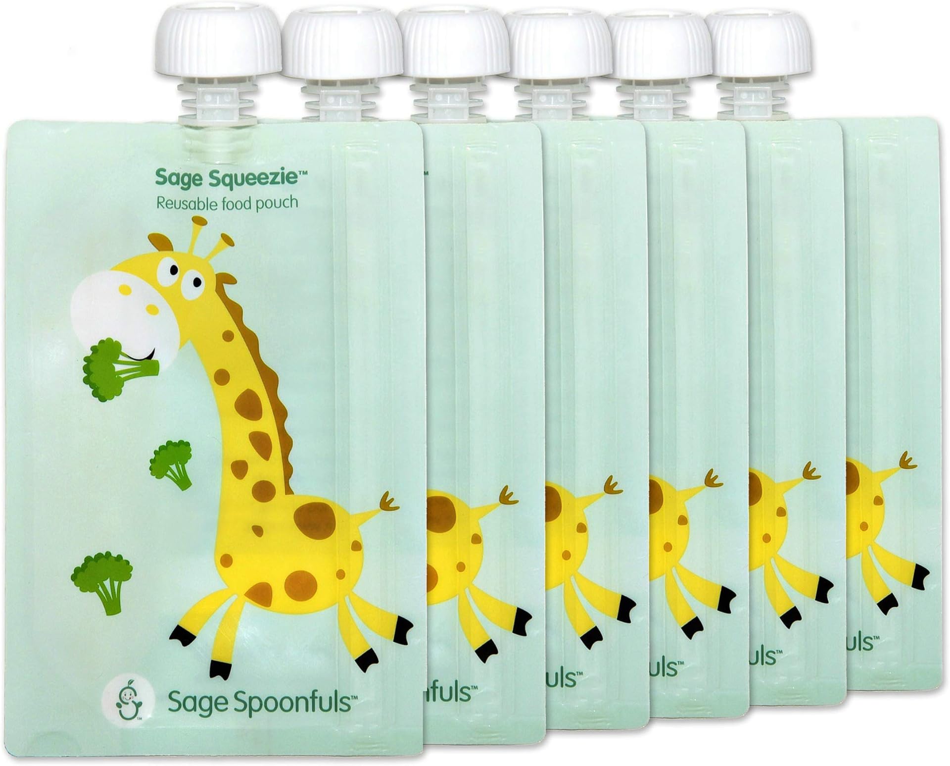 Sage Spoonfuls Squeezie Reusable Baby Food Pouches - 6-Pack of 7-Ounce Leakproof, Easy-to-Fill Pouches - Giraffe - Dishwasher Safe, BPA and Lead-Free