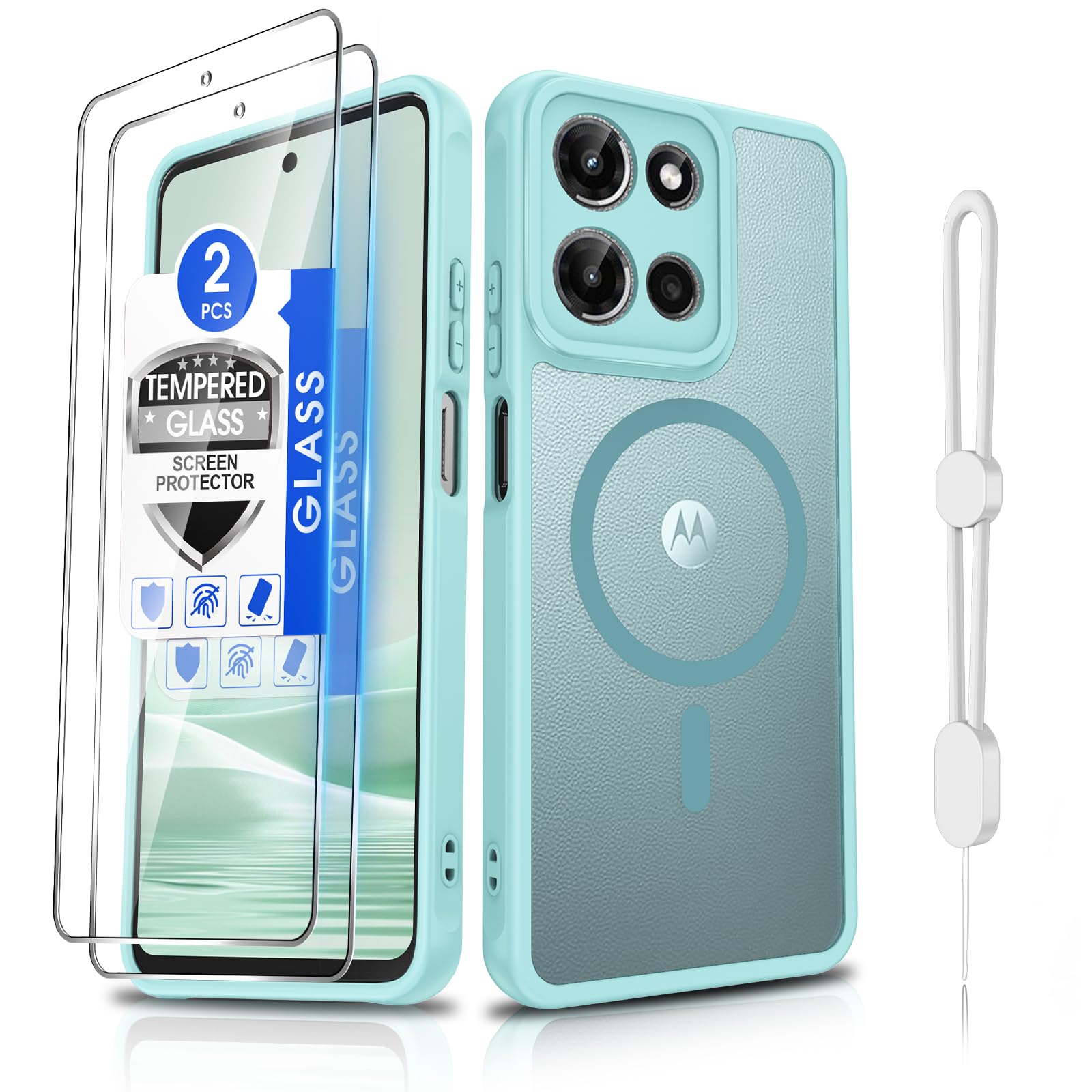 Dizn Magnetic for Moto G 2025/2026 Case，Motorola G Play 2025/2026 Matte Cover, with Tempered Glass Screen Protector, with Strap, Compatible with MagSafe Wireless Charging for Moto G Play 25/26, Mint