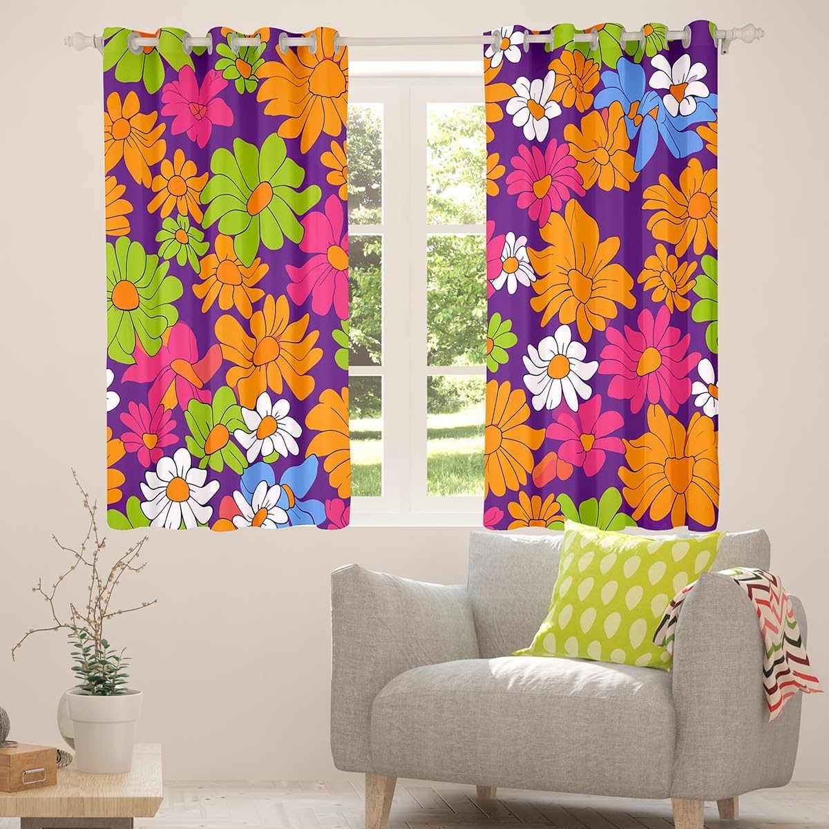 Colorful Vintage Floral Curtains Drapes 38"Wx45"L,Girls Groovy Flowers Window Curtains Women Hippie 60S 70S Flowers Curtains Psychedelic Botanical Window Treatments 2 Panels Aesthetic Room Decor