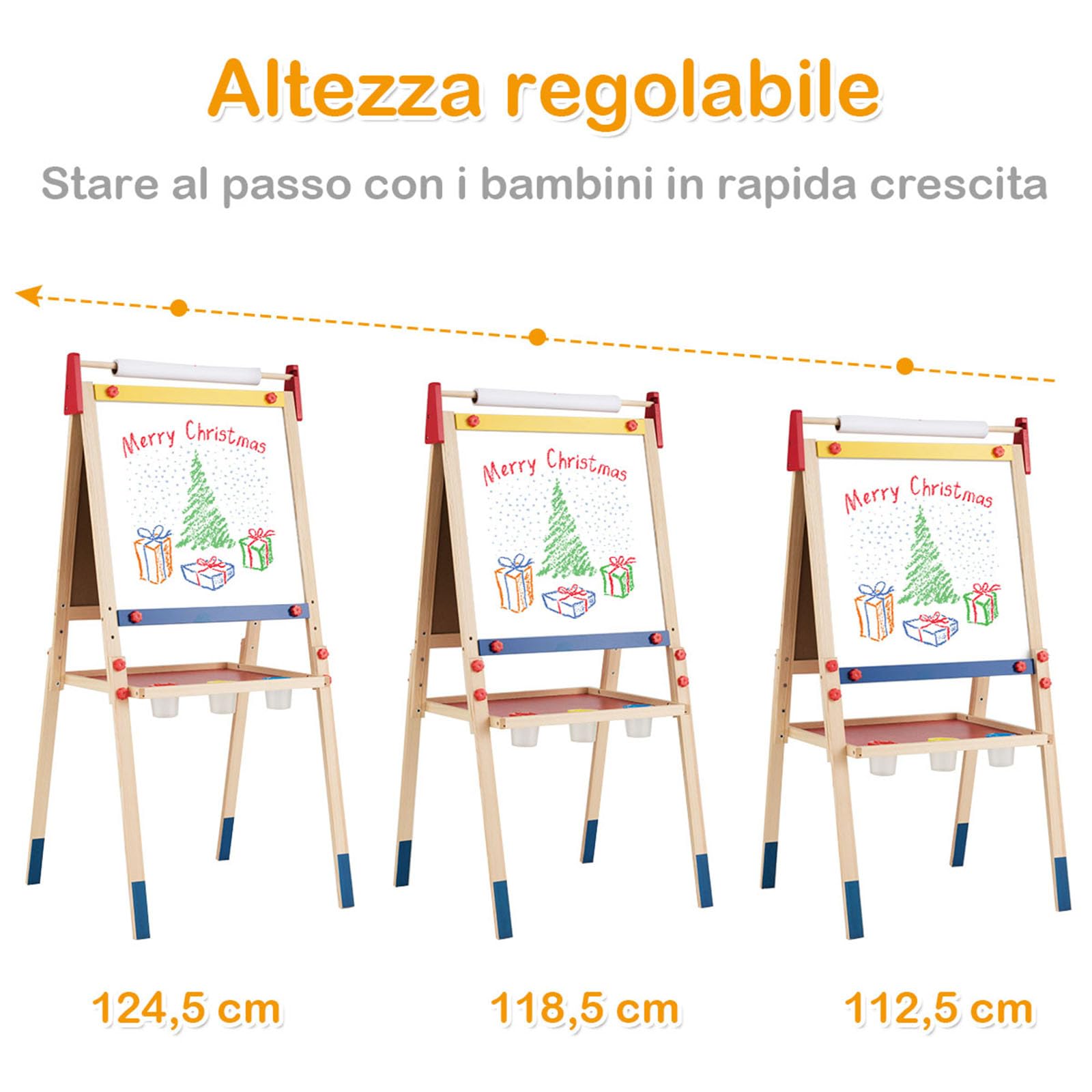 COSTWAY Cavalletto per Bambini 3 in 1, Lavagna Bifacciale, Cavalletto per Disegnare, con Rotolo di Carta, Lavagna Bianca Magnetica, Accessori Completi, in Legno (60x55x(112,5-124,5) cm)