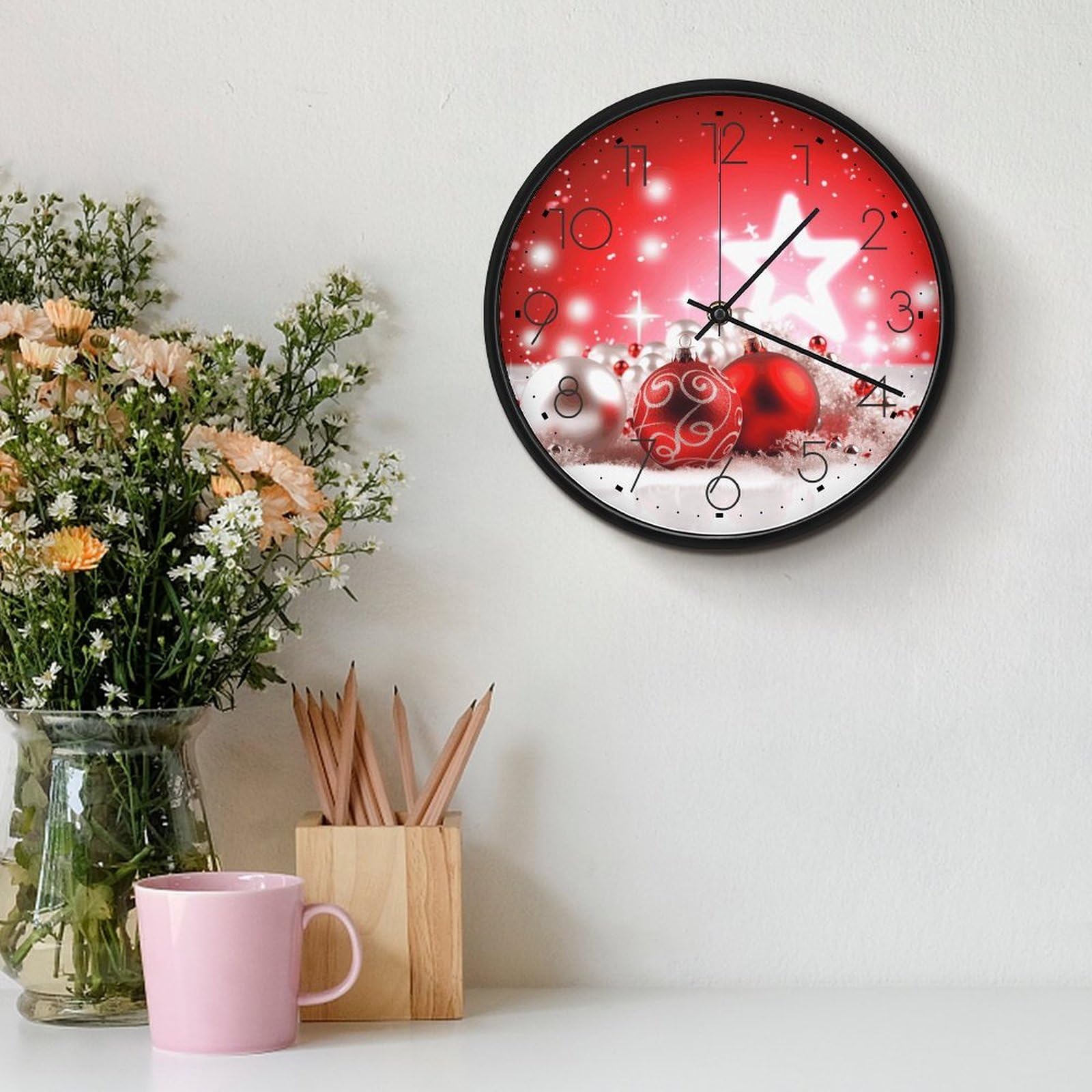 Reloj de pared redondo personalizado con fondo de decoración navideña de 9.8 pulgadas, moderno reloj circular para sala de estar, dormitorio, cocina, oficina, decoración, funciona con pilas