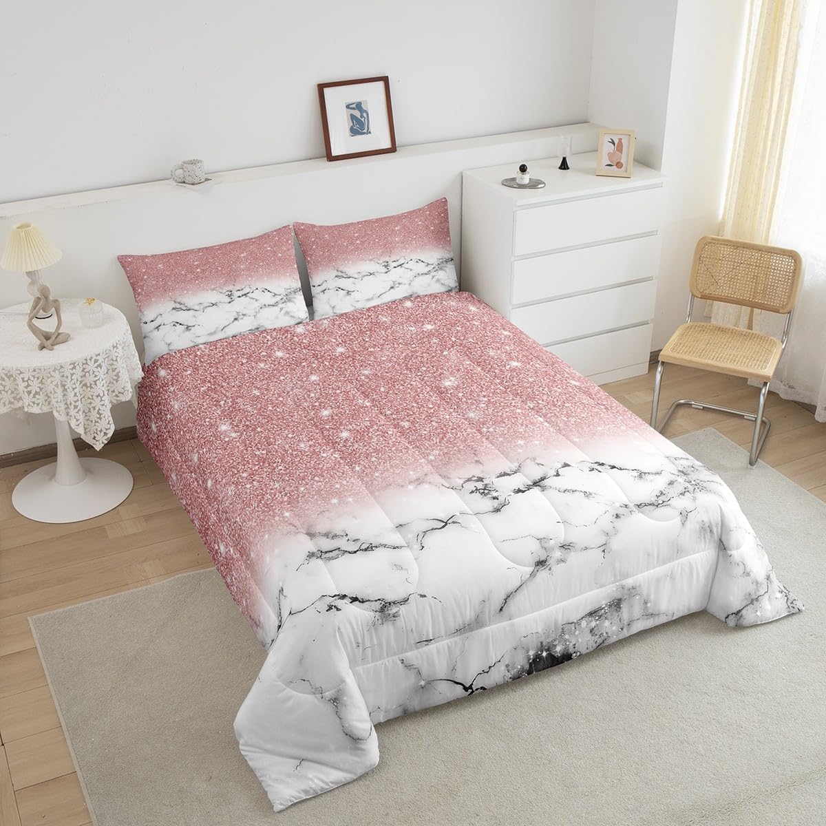 Feelyou Girls Marble Comforter Full Size Gradient Glitter Kids Down Comforter Set for Boys Girls Women Girly Pink Grey White Marble Ombre Bedding Set Modern Marble Aesthetic Quilt Decor Boys