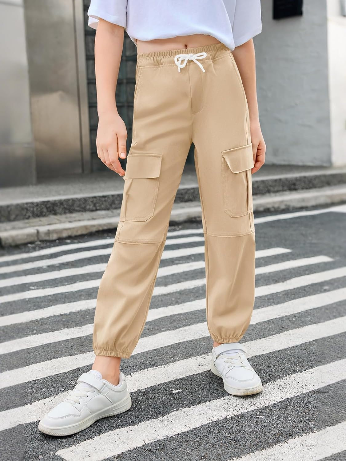 Haloumoning Girls Cargo Pants Kids Drawstring Elastic Waist Casual Jogger Pants with Pockets 5-14 Years - Image 2