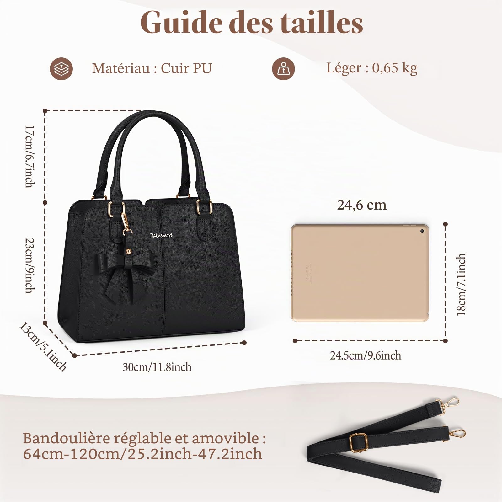 RAINSMORE Sac à Main Femme Cuir Sac à Main Portés Sacs Bandoulière Universitaire Imperméable avec Poche Antivol Sacs Fourre Tout avec Arc pour Travail Shopping École Voyage