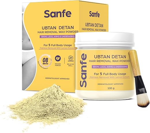Sanfe Ubtan Detan Hair Removal Wax Powder | 8 Minute Painless | Organic | Bikini, Legs, Arms, Underarms | 100gm