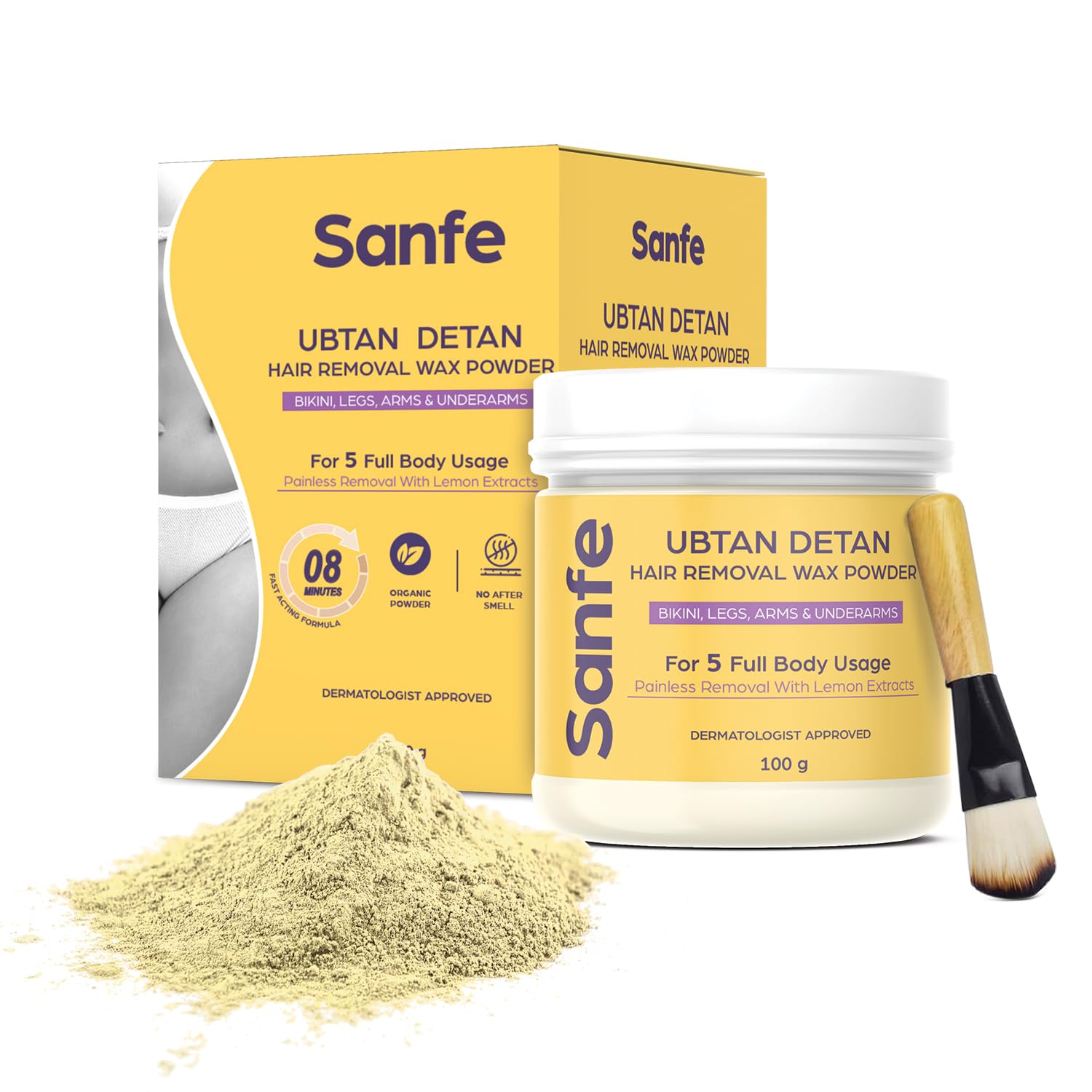 Sanfe Ubtan Detan Hair Removal Wax Powder | 8 Minute Painless | Organic | Bikini, Legs, Arms, Underarms | 100gm