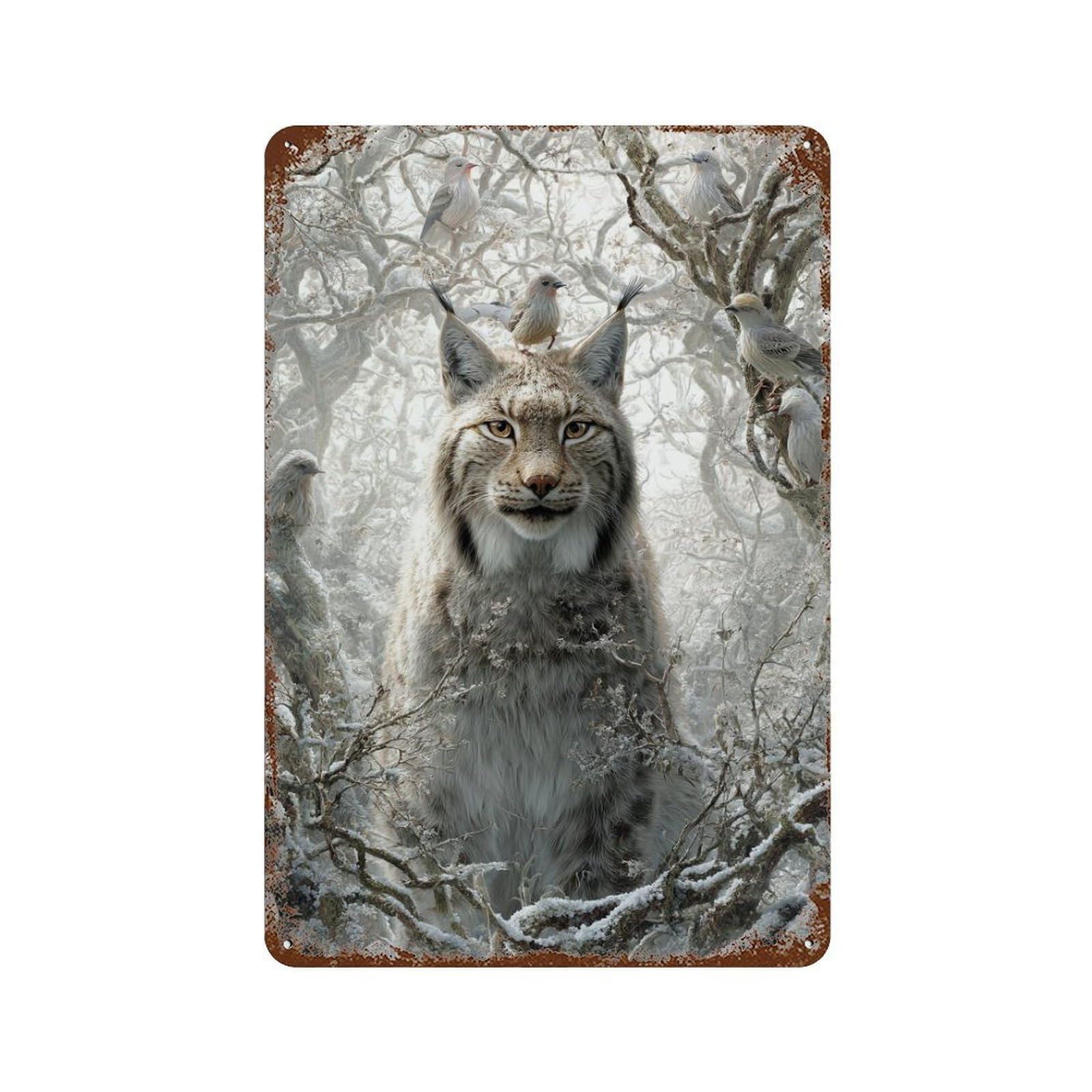 Aged Metal Wall Plaque with Winter Lynx with Birds Design 11.8"x7.9", for Shed, Workshop And Garage Wall Decor, Decorative Metal Wall Art