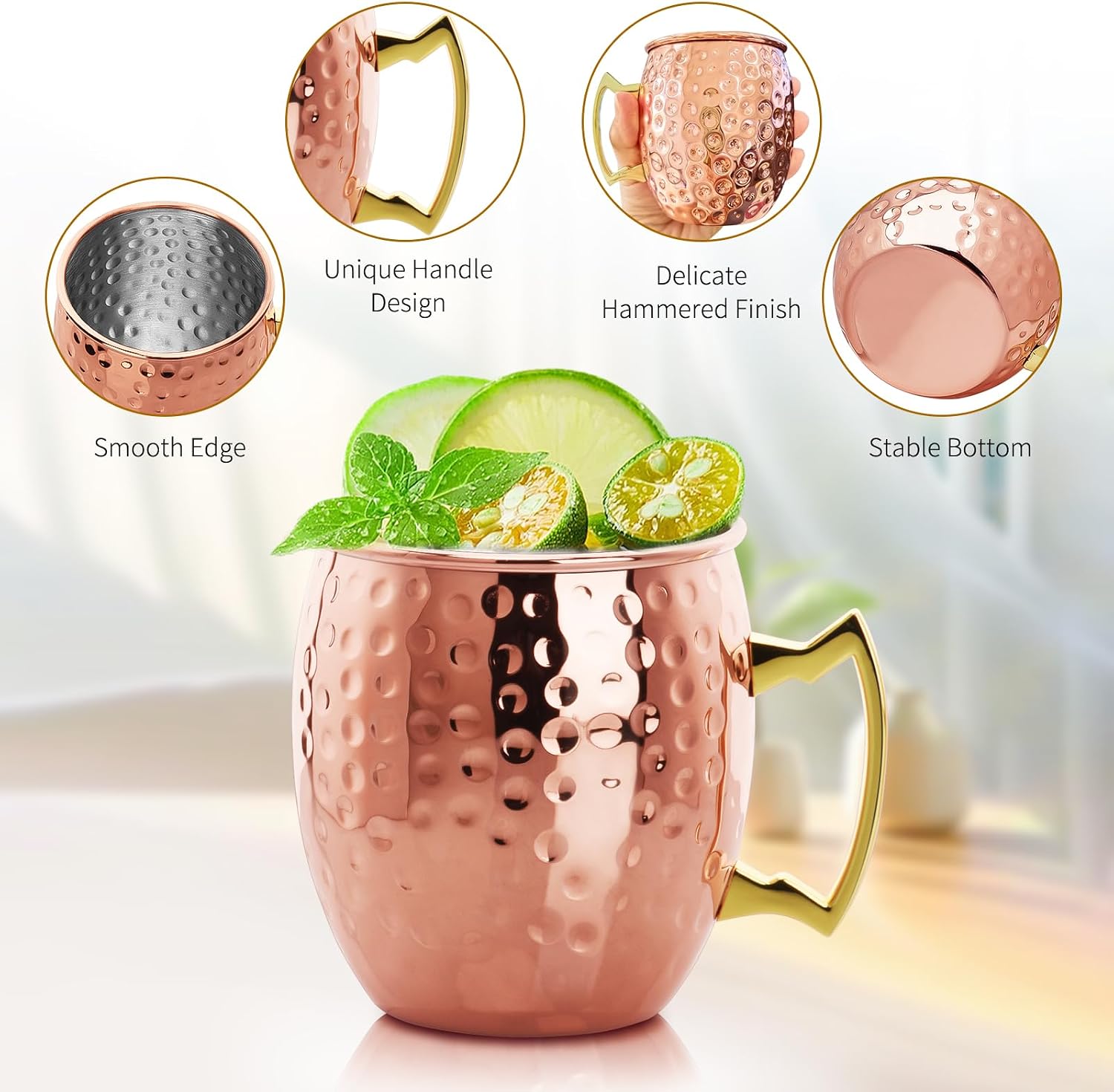 1Pc Moscow Mule Mugs - 16oz Hammered Copper Cups with Stainless Steel Lining Cooper Mugs Perfect for Cold Drinks, Beer, Wine, Outdoors, and Parties (1)