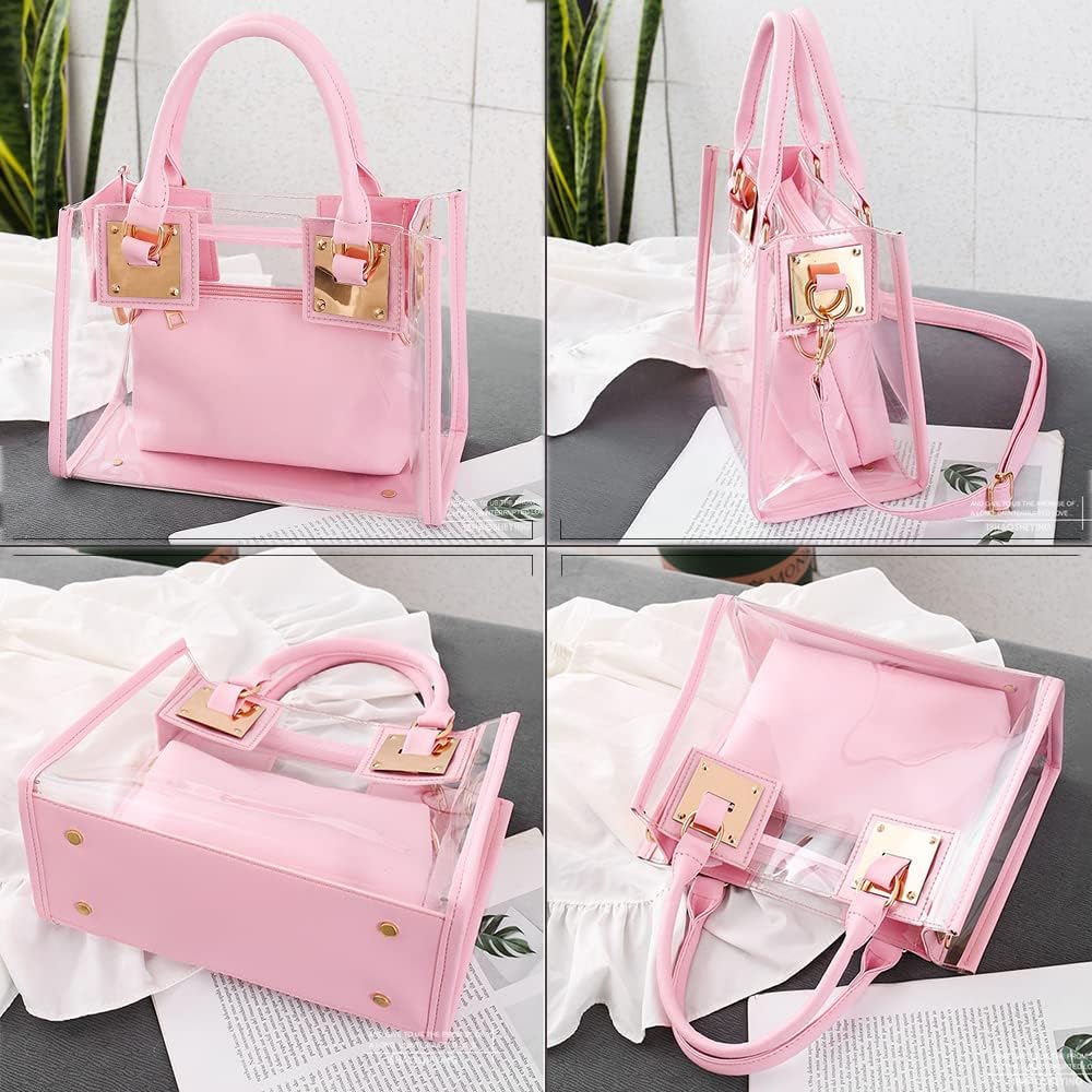 Women Fashion 2Pcs Clear Tote Handbag Transparent PVC Summer Jelly Bag Cute Shoulder Crossbody Bag(Pink)